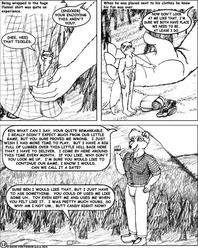 2002 4:5 animal_genitalia anthro backpack balls biped bottomwear canid canine clothed clothing comic dci dialogue duo english_text fox genitals graphite_(artwork) greyscale hair holding_character larger_male macro male male/male mammal micro micro_in_hand monochrome muscular muscular_male nude pencil_(artwork) sheath size_difference size_play smaller_male speech_bubble text topwear traditional_media_(artwork) ursid