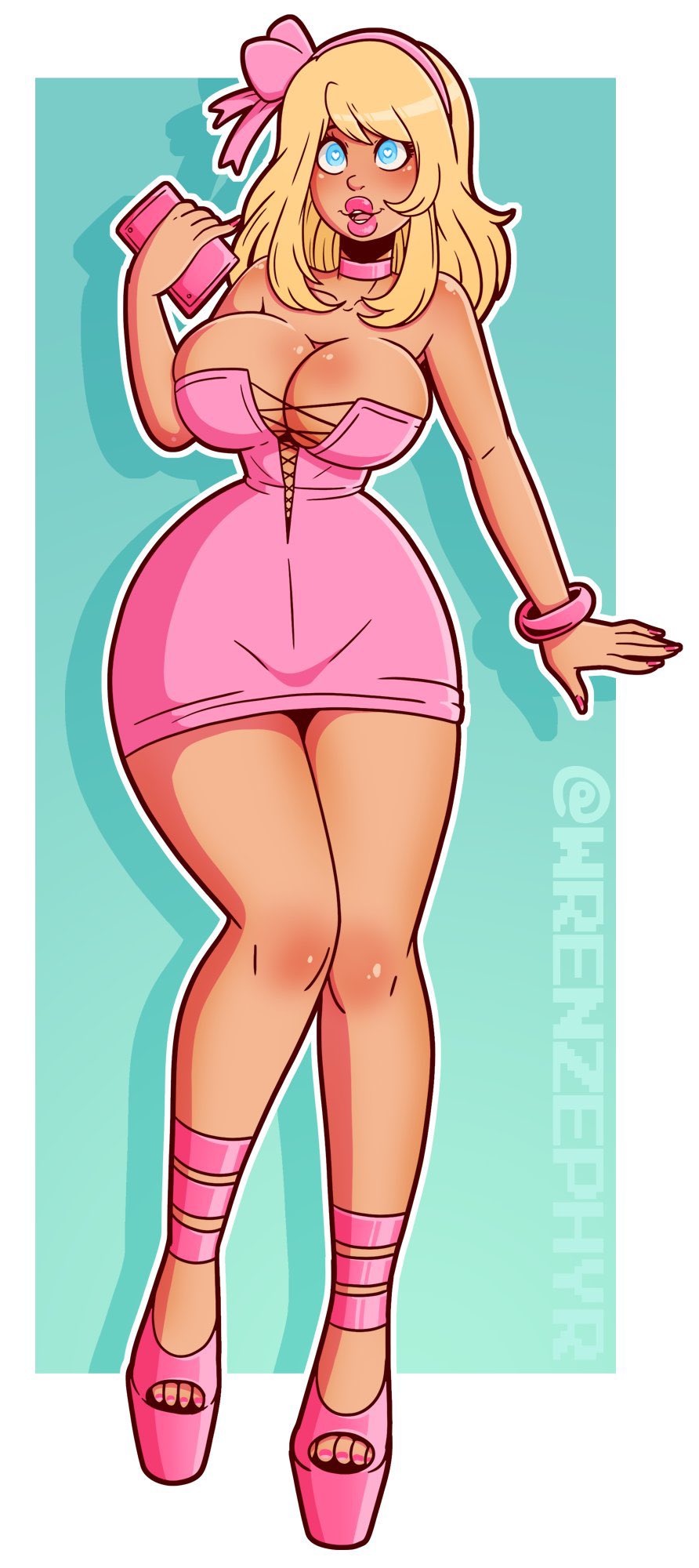ass, bimbo, blonde hair, breasts, choker, cleavage, female, high heels, large ass, large breasts, pink, pink clothing, pink dress, short dress, thick lips, thick thighs, wide hips, wrenzephyr2