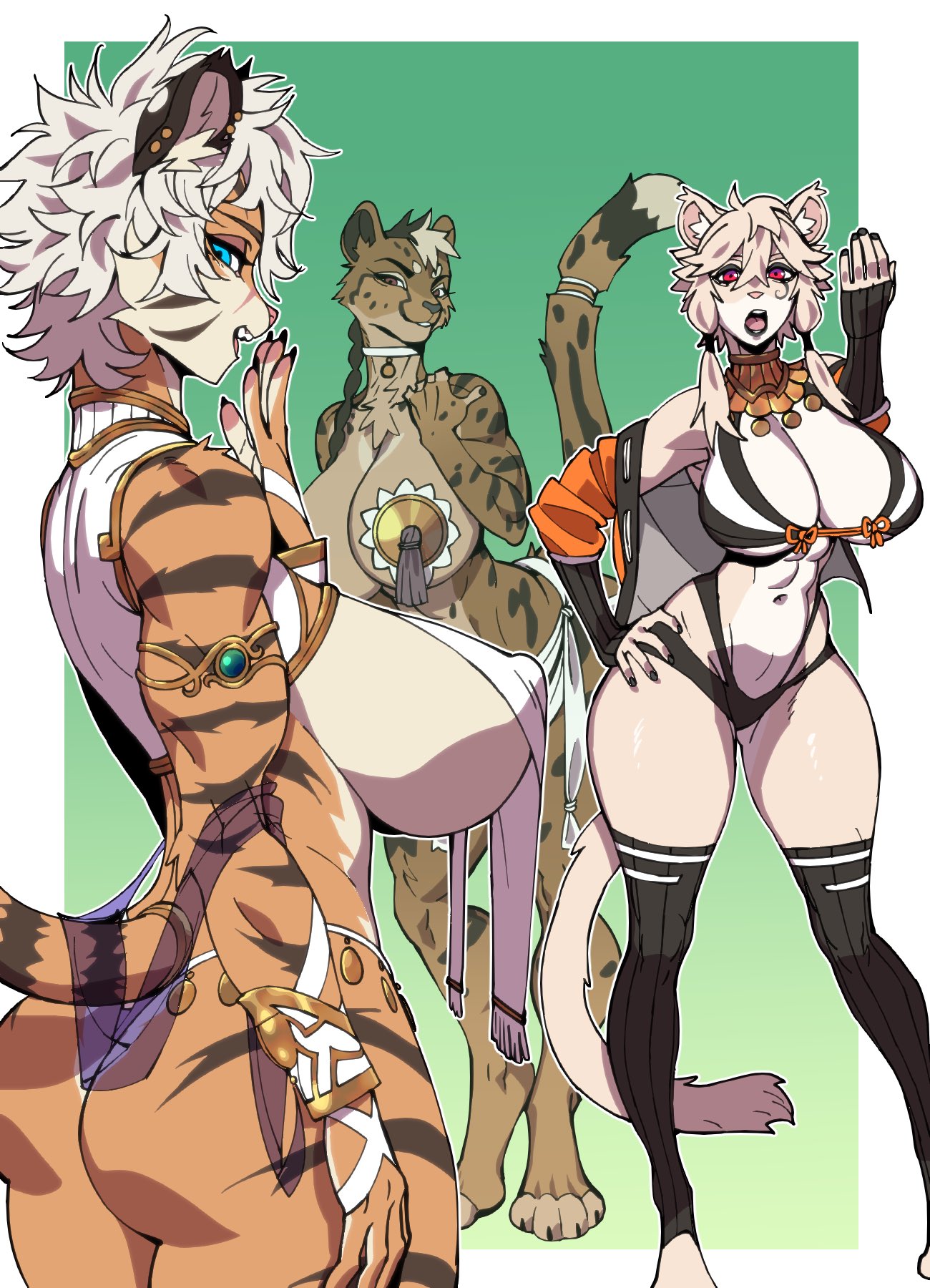 anthro ass big_breasts breasts cheetah choker clothing felid feline female frankie_(extremedash) group hi_res jeej_oh jewelry jijis-waifus legwear mammal necklace open_mouth pantherine paws smug tassels thigh_highs tiger