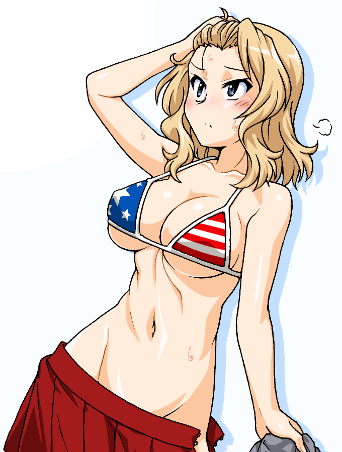 1girls american_flag_bikini american_flag_bikini_top bikini bikini_top blue_eyes blush breasts cleavage closed_mouth covered_nipples female female_only flag_print girls_und_panzer groin kay_(girls_und_panzer) navel no_panties oosaka_kanagawa platinum_blonde_hair red_skirt shiny shiny_hair shiny_skin short_hair simple_background skirt solo standing sweat swimsuit tagme white_background