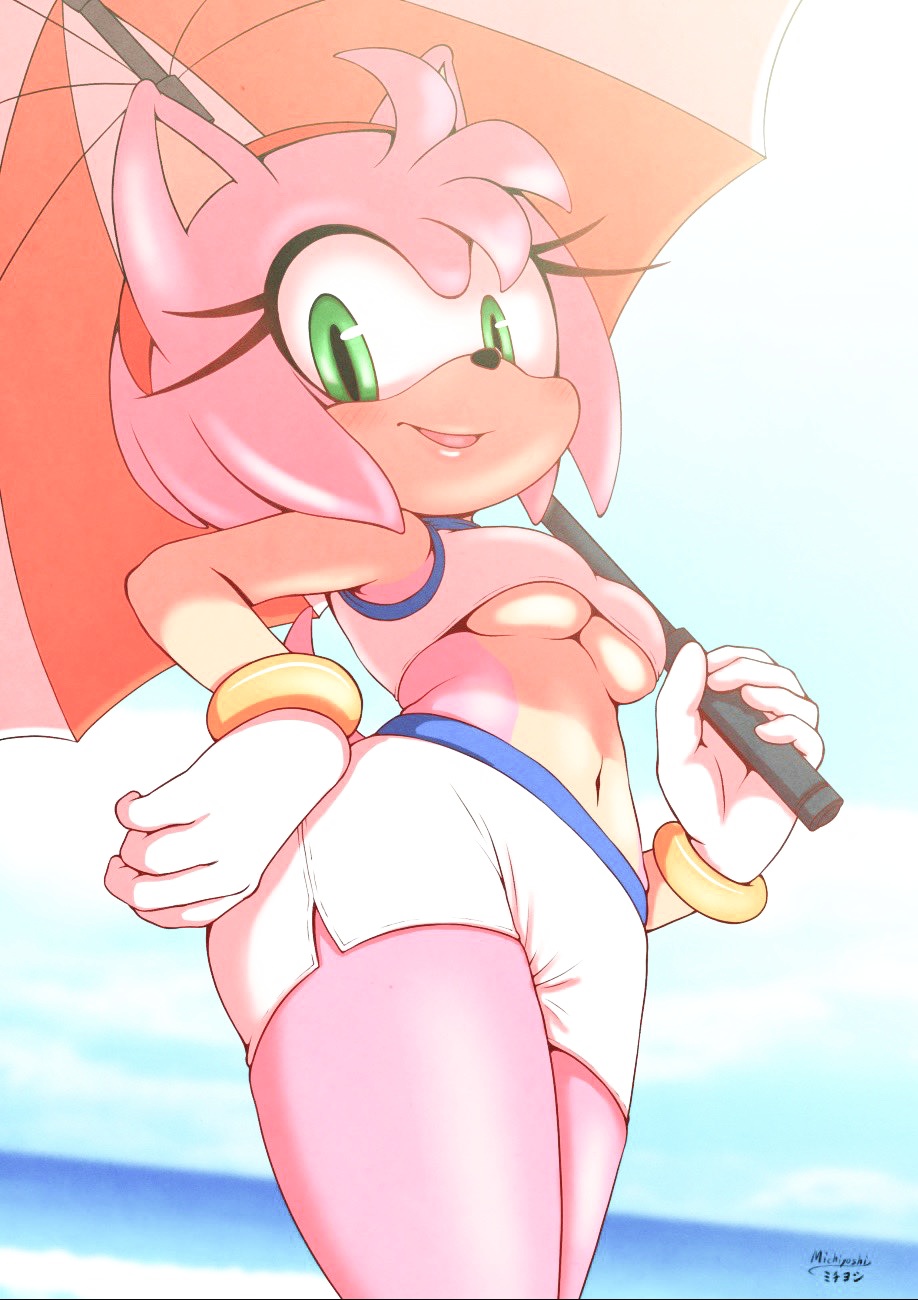 1girls, amy rose, anthro, breasts, clothed, clothing, female, fur, furry, furry only, low-angle view, michiyoshi, pink fur, pink hair, sonic (series), tight clothing, underboob