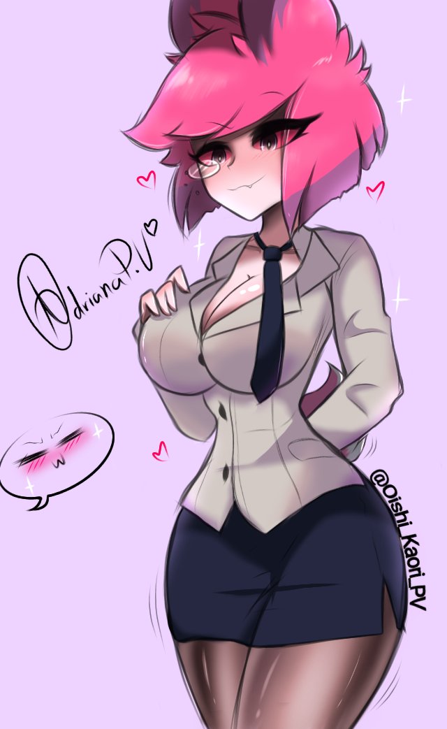 1girls, adriana p.v, alastor (hazbin hotel), artist signature, breasts, cleavage, clothed, cropped legs, female, female alastor, female only, fully clothed, hand on breast, hazbin hotel, legs together, motion lines, necktie, office lady, pantyhose, pink hair, plain background, red sclera, rule 63, skirt, smooth skin, tagme