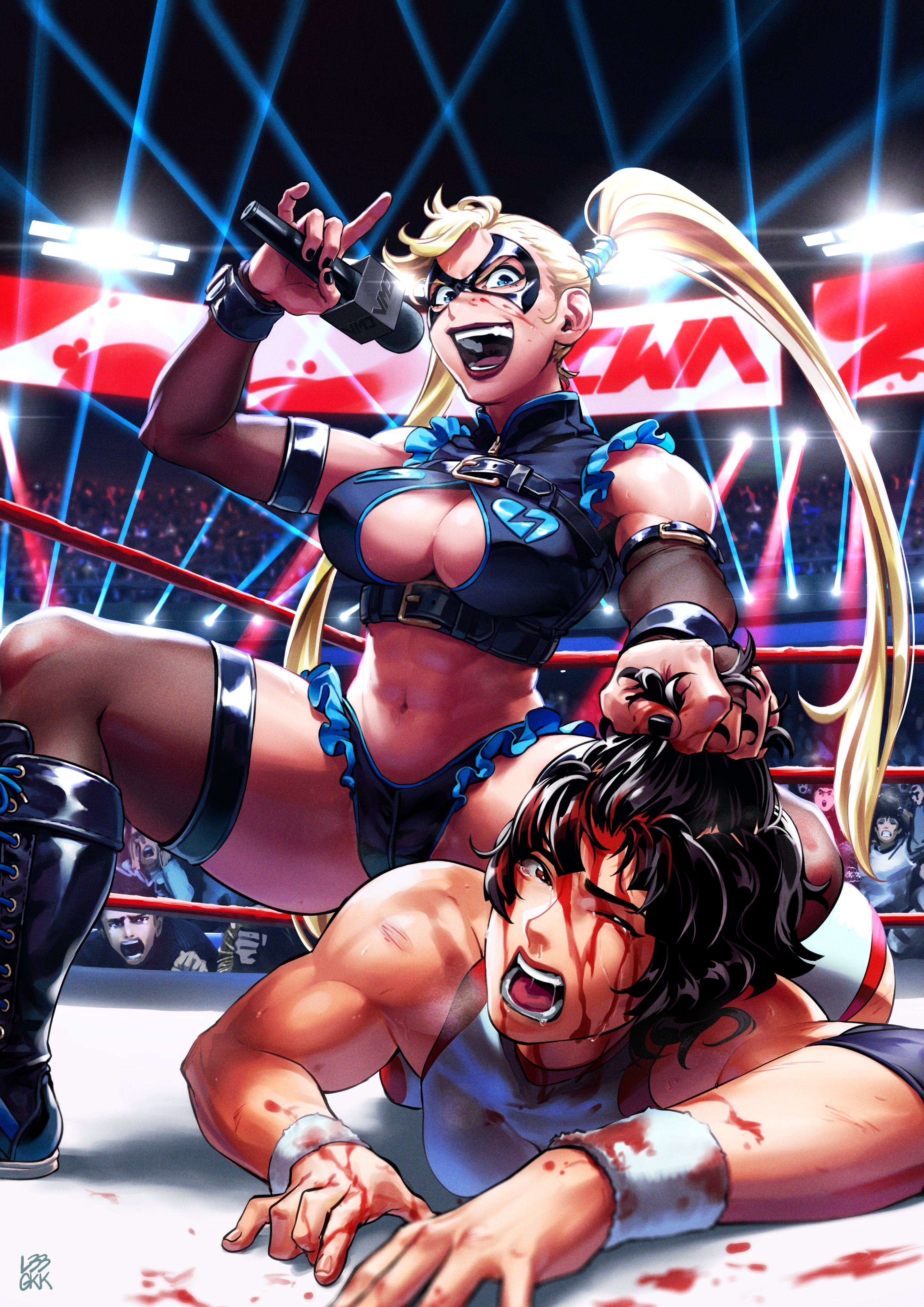 2girls, abs, adapted costume, bad end, black fingernails, black hair, bleeding, blonde hair, blood, blood splatter, blue eyes, breasts, brown legwear, catfight, cleavage, cleavage cutout, cowgirl position, crazy eyes, dark persona, detached sleeves, detailed background, domino mask, female, frills, gothic, hair grab, highres, large breasts, leo bruno (gkk), leotard, long hair, microphone, multiple females, multiple girls, muscular, muscular female, navel, pain, purple lipstick, rainbow mika, short hair, short shorts, snot, street fighter, street fighter v, tears, thick thighs, thigh strap, thighhighs, twintails, wrestling, wrestling mask, wrestling ring, wrestlingryona, yamato nadeshiko (street fighter), yandere