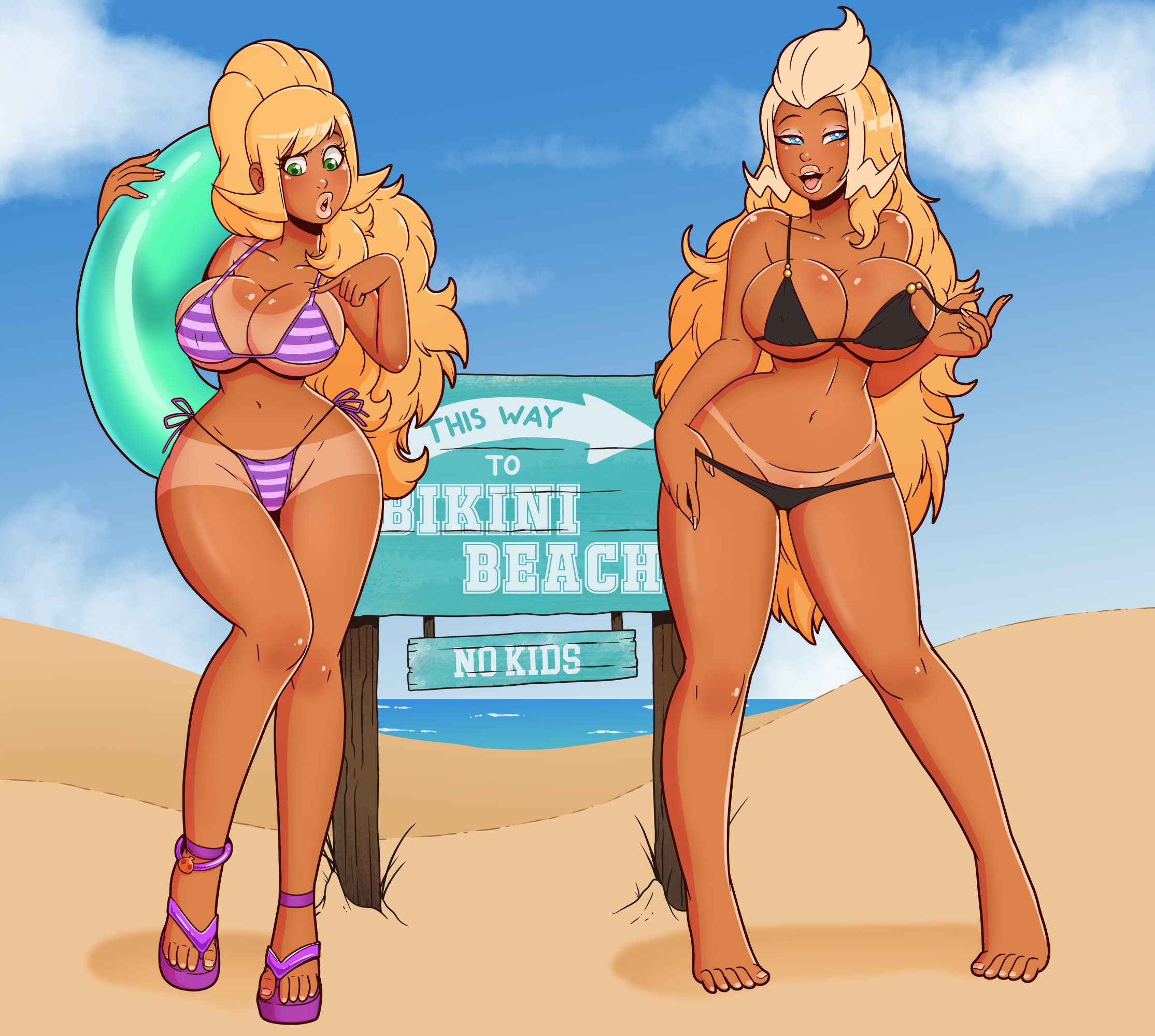 2girls, ass, bikini, bimbo, breasts, female, large ass, large breasts, multiple females, multiple girls, navel, story at source, tan, tanlines, thick thighs, undressing, wide hips, wrenzephyr2