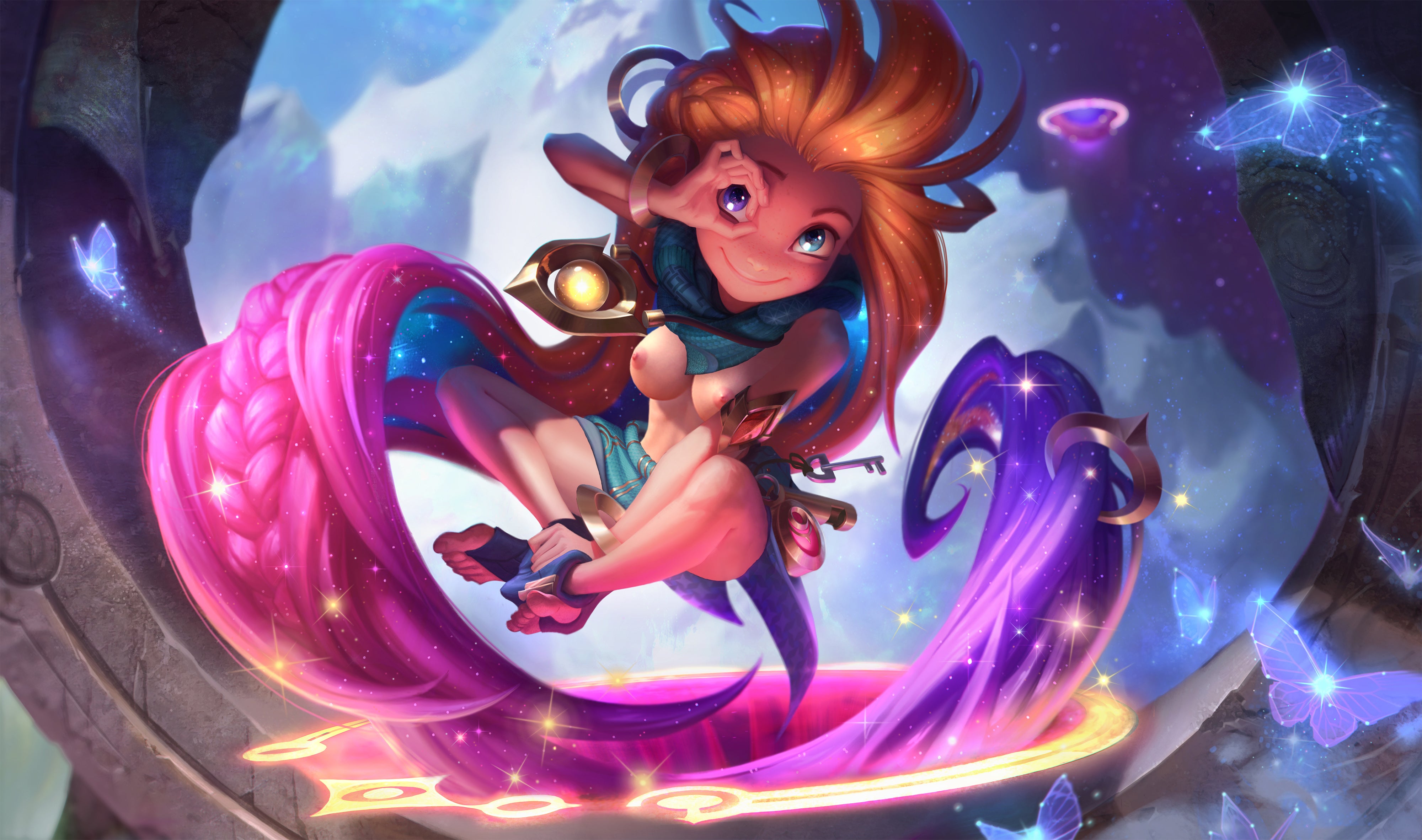 1girls, blue eyes, breasts, edit, feet, female, female only, heterochromia, jessica oyhenart, league of legends, official artwork edit, orange hair, partially clothed, portal, purple eyes, riot games, solo, third-party edit, unknown artist, zoe (league of legends)