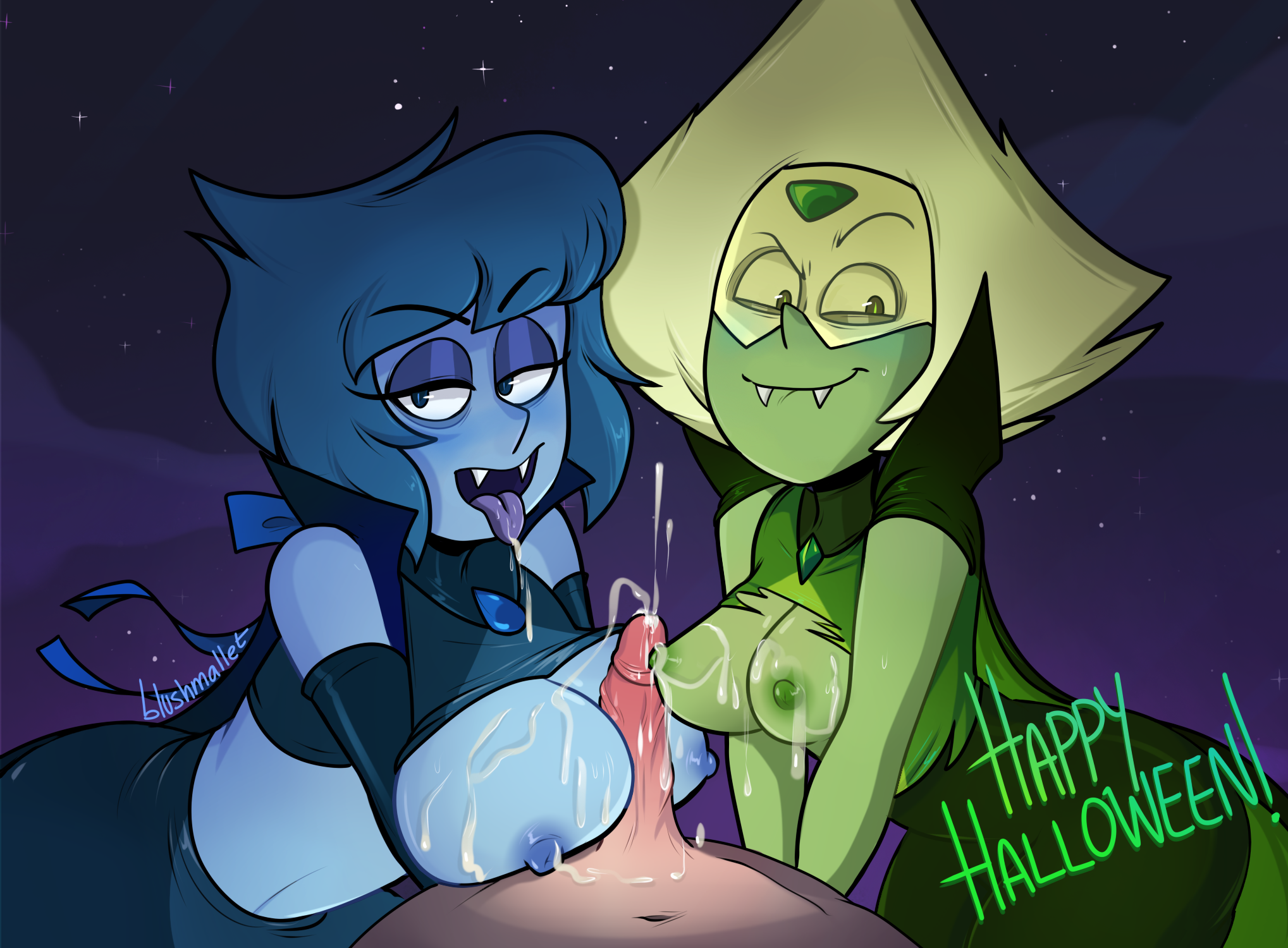 1boy, 2girls, blushmallet, boobjob, breasts, breasts out, cartoon network, clothed, clothed female nude male, clothed sex, cum, cum in mouth, cum on breasts, cum on clothes, cum under clothes, cumming, cumshot, ejaculation, exposed, exposed breasts, eye contact, female, gem (species), human, human on humanoid, human penetrating, lapis lazuli (steven universe), large breasts, looking at viewer, male, medium breasts, orgasm, paizuri, paizuri under clothes, penis, penis under clothes, peridot (steven universe), pov, semen, shirt up, steven universe, titfuck under clothes, titjob, torn clothes, torn clothing