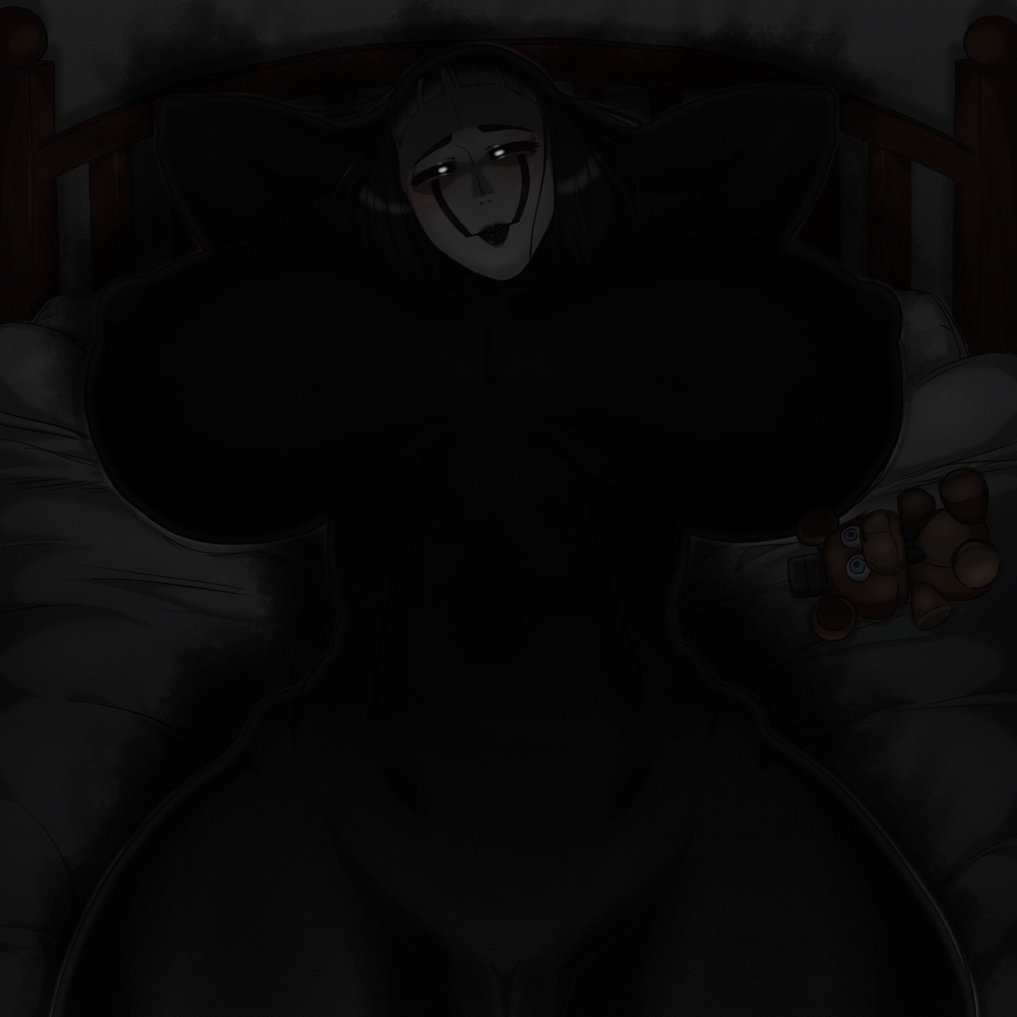 bed, bedroom, female, five nights at freddy's, five nights at freddy's 4, kaxiota, marionette (fnaf), nightmarionne, presenting, puppet (fnaf), pussy, rule 63, smile, solo