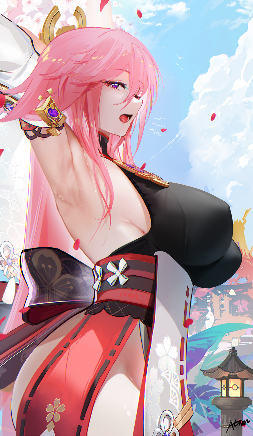 1girls absurdres arched_back armpits arms_up ass bangs bodysuit breasts butt cloud detailed_background drooling dubious_consent female genshin_impact hair_between_eyes hair_ornament highres huge_breasts large_breasts long_hair looking_away mouth_open nipple_bulge omone_hokoma_agm open_mouth pink_hair purple_hair questionable_consent saliva side_view sideboob sky slim_waist small_waist solo suit sweat sweatdrop sweaty sweaty_armpits tagme thick thick_ass thick_thighs thighs tight_clothing tongue vision_(genshin_impact) waist yae_miko