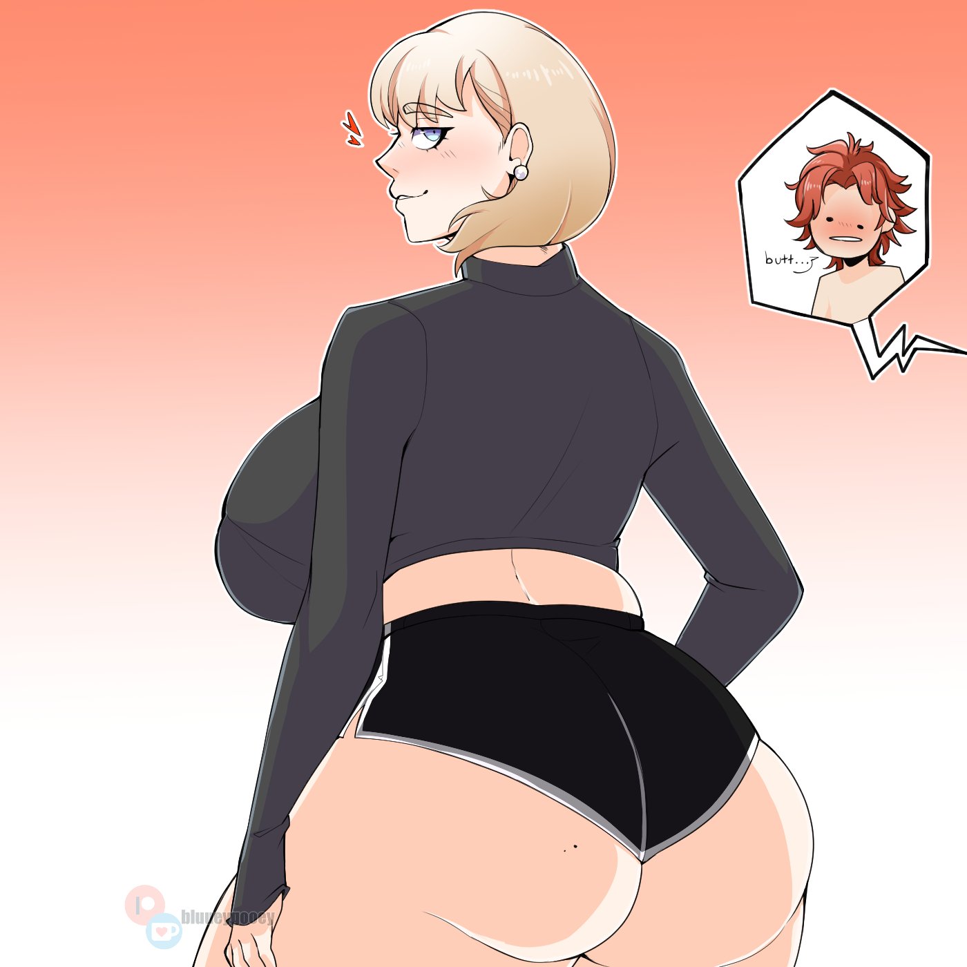 1boy, ass, back view, bare midriff, beauty mark, blonde hair, blue eyes, bluueygooey, breasts, curvy, earrings, female, female focus, fire emblem, fire emblem: three houses, huge ass, huge breasts, looking at viewer, looking back, male, mercedes von martritz, mole, mole on ass, nintendo, post-timeskip, red background, seductive, seductive smile, short hair, shorts, smile, solo focus, sylvain jose gautier, thick thighs, voluptuous