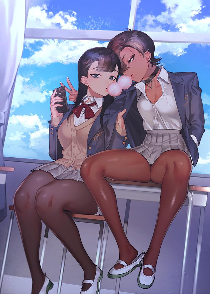 2girls bangs black_choker black_eyes black_hair black_legwear blazer blowing_bubblegum blue_jacket blue_sky breasts brown_legwear bubble_blowing bubble_gum cellphone chair chewing_gum choker classroom cleavage clothes_grab cloud cloudy_sky curtains dark-skinned_female dark_skin day desk dotsuco dress_shirt dutch_angle earrings emblem feet ganbare_douki-chan grey_hair half-closed_eyes hand_in_pocket high-waist_skirt holding holding_phone indoors jacket jewelry long_hair looking_at_another looking_at_viewer medium_breasts microskirt miniskirt miru_tights multiple_girls nakabeni_yua on_chair on_desk pantyhose phone school_chair school_desk school_uniform selfie shirt shoes short_hair sitting skirt sky smartphone stud_earrings thighs tsubaki_shuu unbuttoned unbuttoned_shirt uwabaki v very_short_hair white_footwear white_shirt window