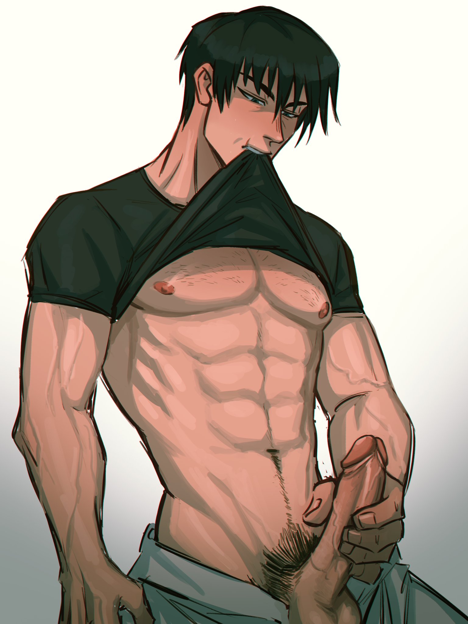 1boy, abs, black hair, gay, genitals, hand on penis, jujutsu kaisen, male, male focus, male only, masturbation, penis, penis grab, pubic hair, shirt in mouth, solo, solo focus, sombre slahc, toji fushiguro, white background