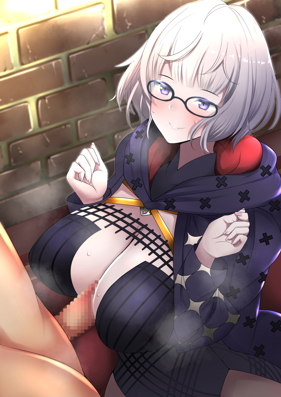 1boy bangs black_dress blush breast_squeeze breasts cleavage dain_(bishop_m) dress fate/grand_order fate_(series) female glasses grey_hair highres jacques_de_molay_(foreigner)_(fate) large_breasts long_sleeves looking_at_viewer paizuri penis short_hair smile straight