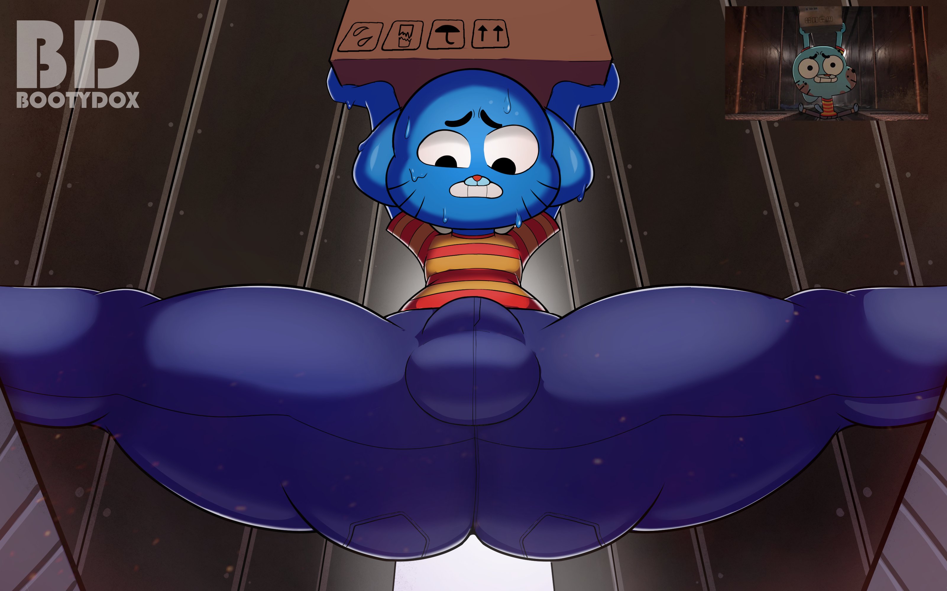 absurd res, anthro, ass, big ass, big butt, bigpapapickle, blue body, blue fur, bodily fluids, bootydox, bottomwear, box, bulge, cartoon network, clenched teeth, clothing, container, denim, denim clothing, domestic cat, felid, feline, felis, femboy, flexible, fur, gumball watterson, hi res, humanoid, jeans, looking down, male, male only, mammal, pants, raised arm, solo, splits, spread legs, spreading, sweat, teeth, the amazing world of gumball, thick thighs