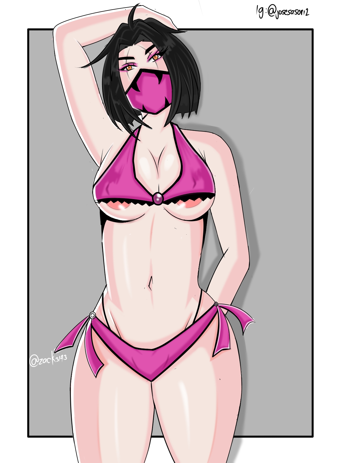 1girls, 2d, big areola, bikini, black hair, bob cut, breasts, cleavage, edenian, edit, female, female focus, female only, masked female, mileena, mileena (mk9), mortal kombat, mortal kombat (2011), mutant, nipple slip, purple bikini, tagme, tarkatan, thick thighs, third-party edit, underboob, yellow eyes, zack3143