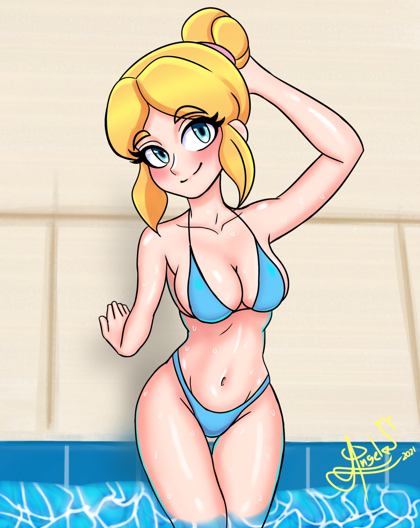 1girls, bikini, bikini bottom, bikini top, blonde hair, blue eyes, brawl stars, female, female only, he11 4ngel, piper (brawl stars), pool, solo, solo female