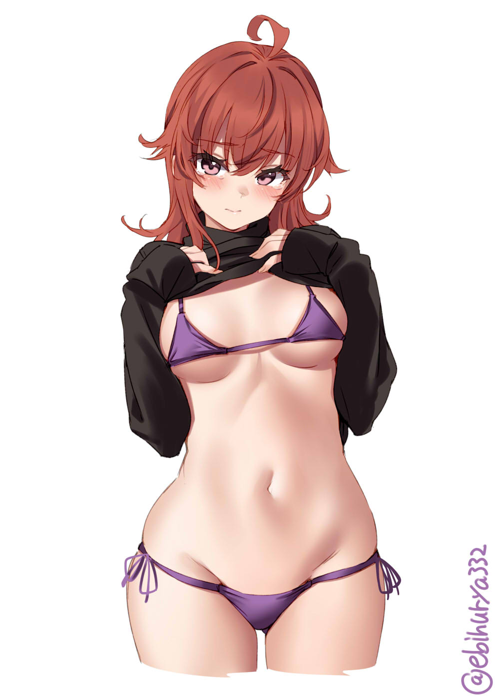 ahoge arashi_(kantai_collection) bikini bikini_bottom bikini_top black_sweater blush breasts closed_mouth clothes_lift cowboy_shot ebifurya female highres kantai_collection medium_breasts medium_hair navel purple_bikini purple_eyes red_hair side-tie_bikini solo stomach sweater sweater_lift swimsuit tears twitter_username white_background