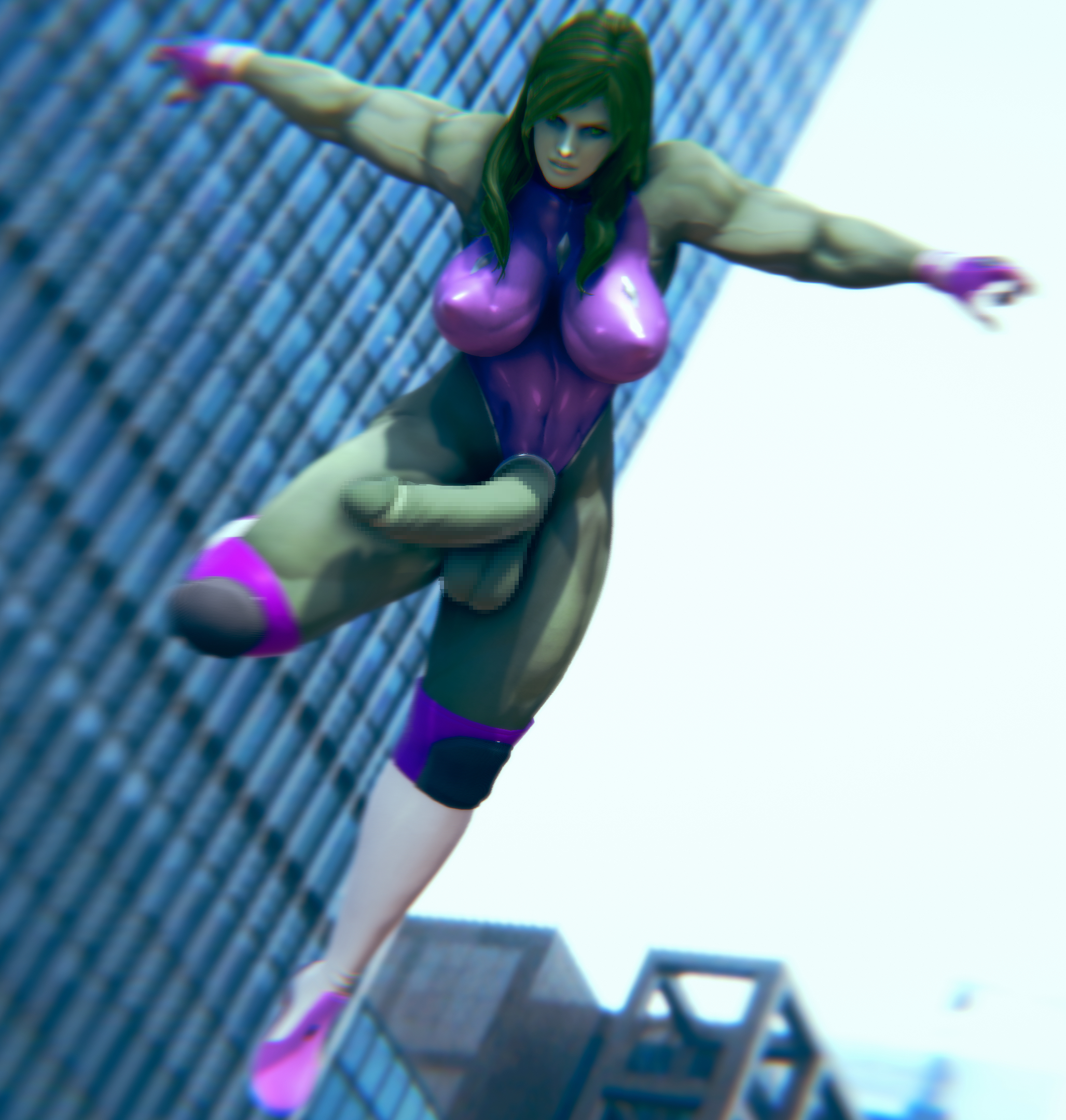 3d, censored, clothed, clothing, flaccid, futa only, futanari, green hair, green skin, hdregrets, humanoid, humanoid penis, intersex, leotard, marvel, marvel comics, muscular, muscular futa, partially clothed, penis, she-hulk, solo