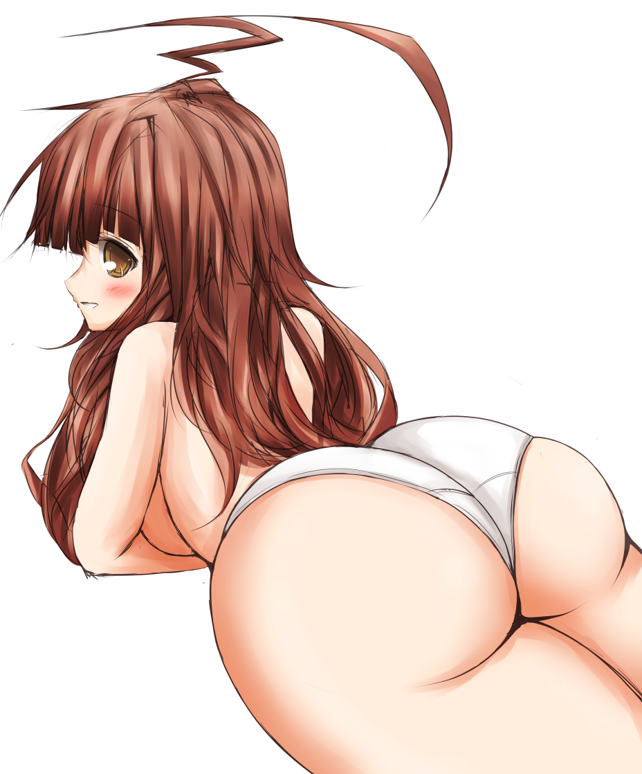 ahoge ass back big_ass big_breasts blush breasts brown_eyes brown_hair female from_behind huge_ahoge huge_ass kantai_collection kuma_(kantai_collection) large_breasts long_hair looking_at_viewer looking_back lovelovemaid lying on_stomach panties plump sideboob smile solo thick_thighs thighs topless underwear wedgie wide_hips