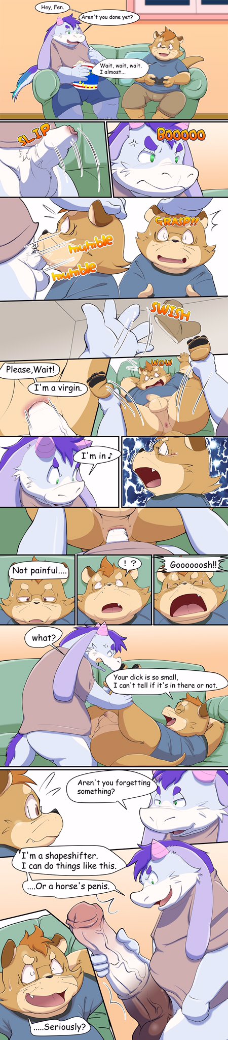 2022 anal anal_sex angry animal_genitalia animal_penis anthro anus ass balls bottomwear brown_body clothing comic controller dragon duo english_text equine_penis erection game_controller genitals hi_res kemono knavie_(k_navie) long_image lutrine male male/male mammal mustelid oral overweight overweight_male penetration penis sex shirt shorts siretoko_panda surprise tall_image text topwear