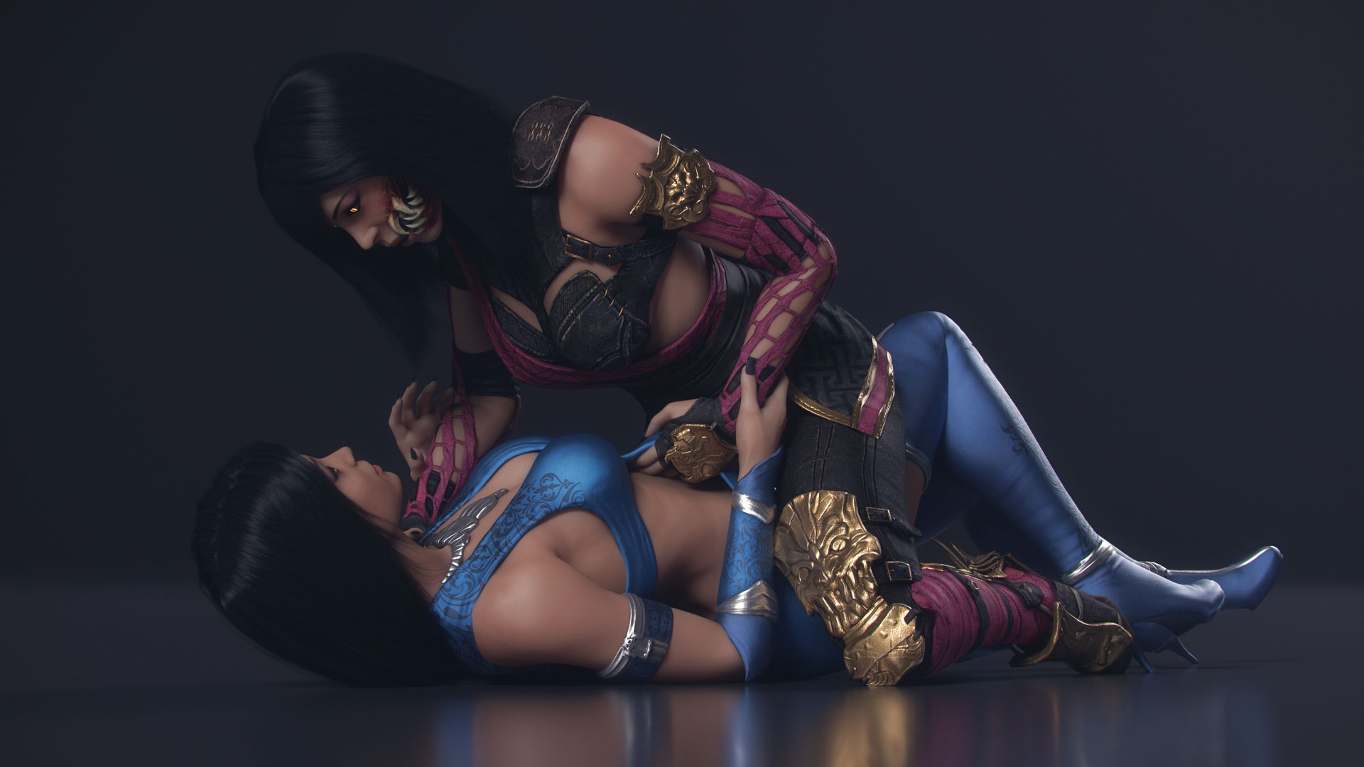 2girls, 3d, athletic, athletic female, black hair, breasts, clone, clonecest, closed eyes, clothed, female, female only, hair down, hd, heel boots, interspecies, kitana, kitana (mkx), kiteena, mileena, monster girl, mortal kombat, mortal kombat x, ninja, nocskylark, pinned down, riding, stockings, suggestive, yuri