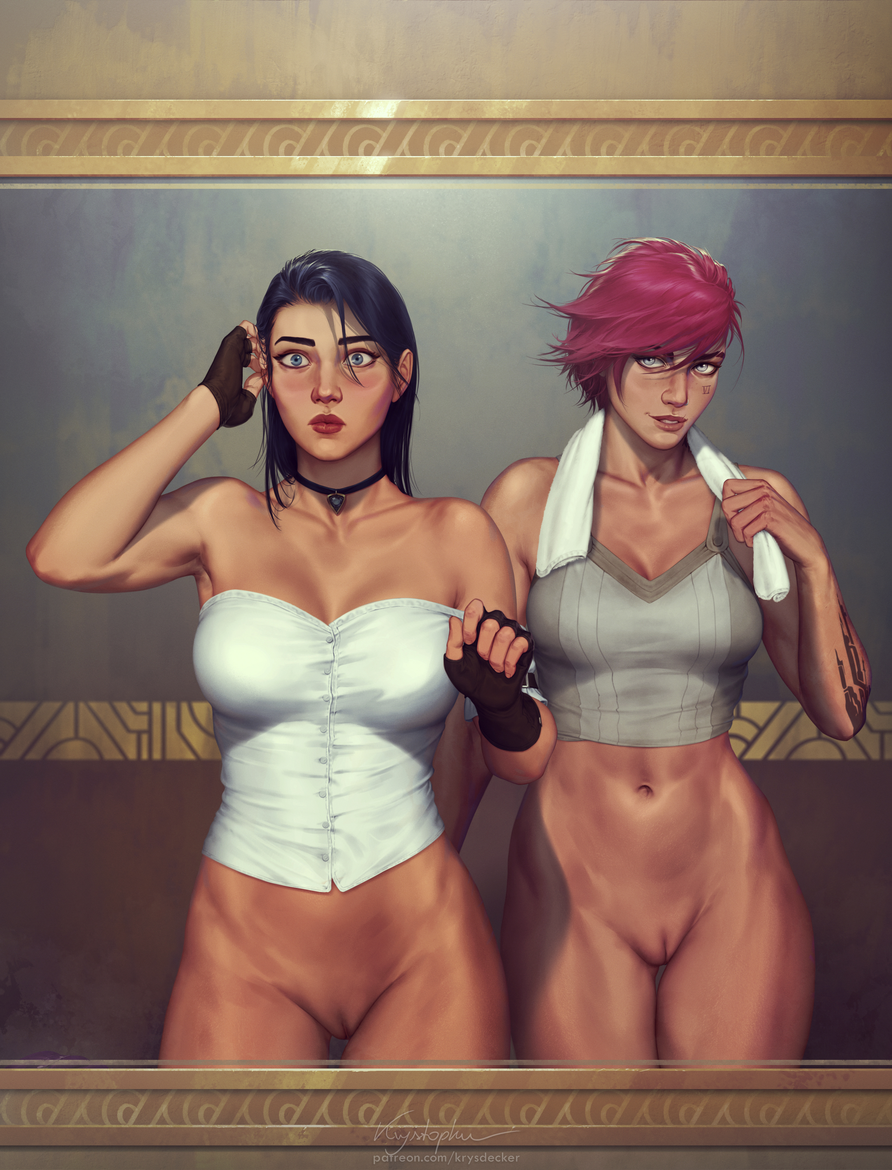 2girls, alternate version available, arcane, arcane caitlyn, arcane vi, black hair, blue eyes, blush, blushing, bottomless, breasts, caitlyn kiramman, canon couple, casual, color, female, female only, female/female, fit, hair, hairless pussy, handwear, human, krysdecker, league of legends, lesbian, lesbian couple, mirror, muscles, muscular, navel, neckwear, no panties, no sex, nude, pale skin, pink hair, pussy, pussy lips, scar, shaved, shaved pussy, source request, suggestive look, uncensored, vi, yuri