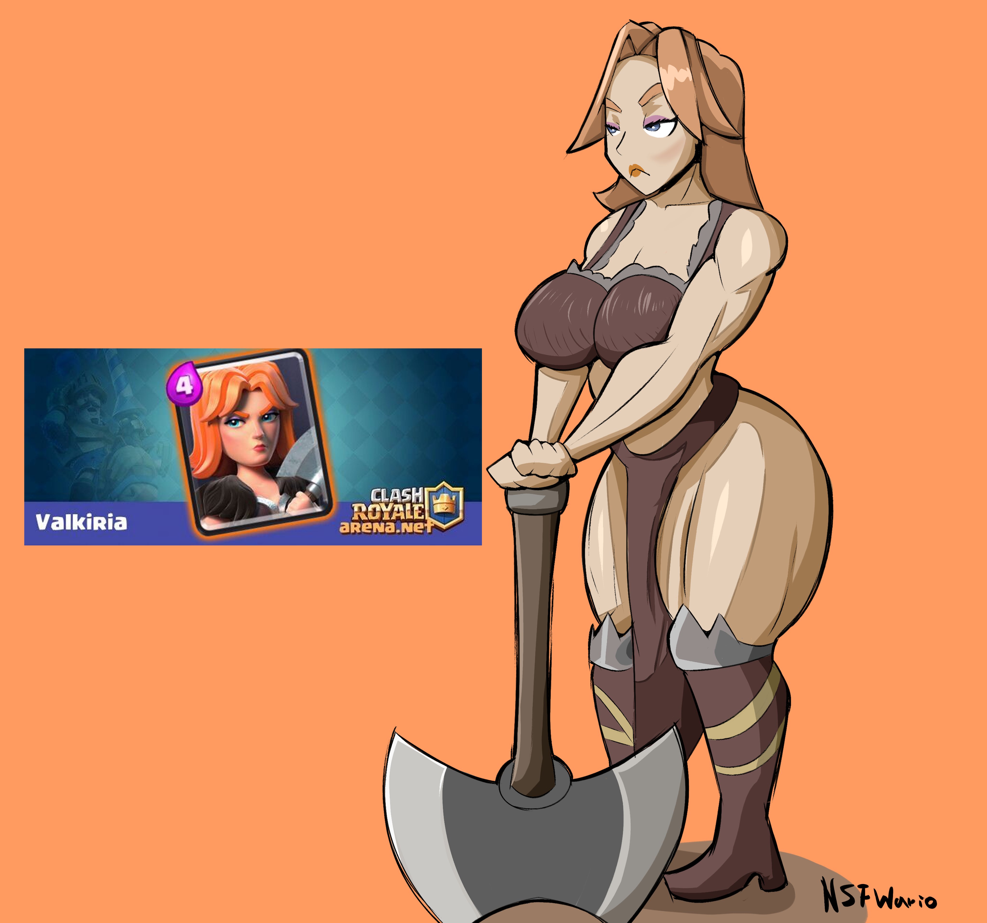 1girls, axe, big breasts, breasts, clash (series), clash royale, clothed, clothed male nude female, clothing, female, female only, fully clothed, fully clothed female, looking away, male, muscular, muscular female, nsf wario, pelvic curtain, shiny, shiny skin, solo, solo female, thick thighs, valkiria, valkyrie, valkyrie (clash of clans), voluptuous, voluptuous female, wide hips