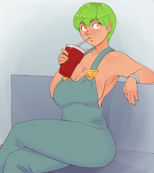 1girls 2021 armpits blue_background bottomwear bracelet breasts chilling clothed clothing cup cute drinking drinking_soda female female_focus female_only foo_fighters fully_clothed green_hair hair holding_cup jojo's_bizarre_adventure looking_away medium_breasts overalls overalls_only short_hair simple_background sitting solo solo_female solo_focus sosoni stone_ocean straw tan_skin topwear