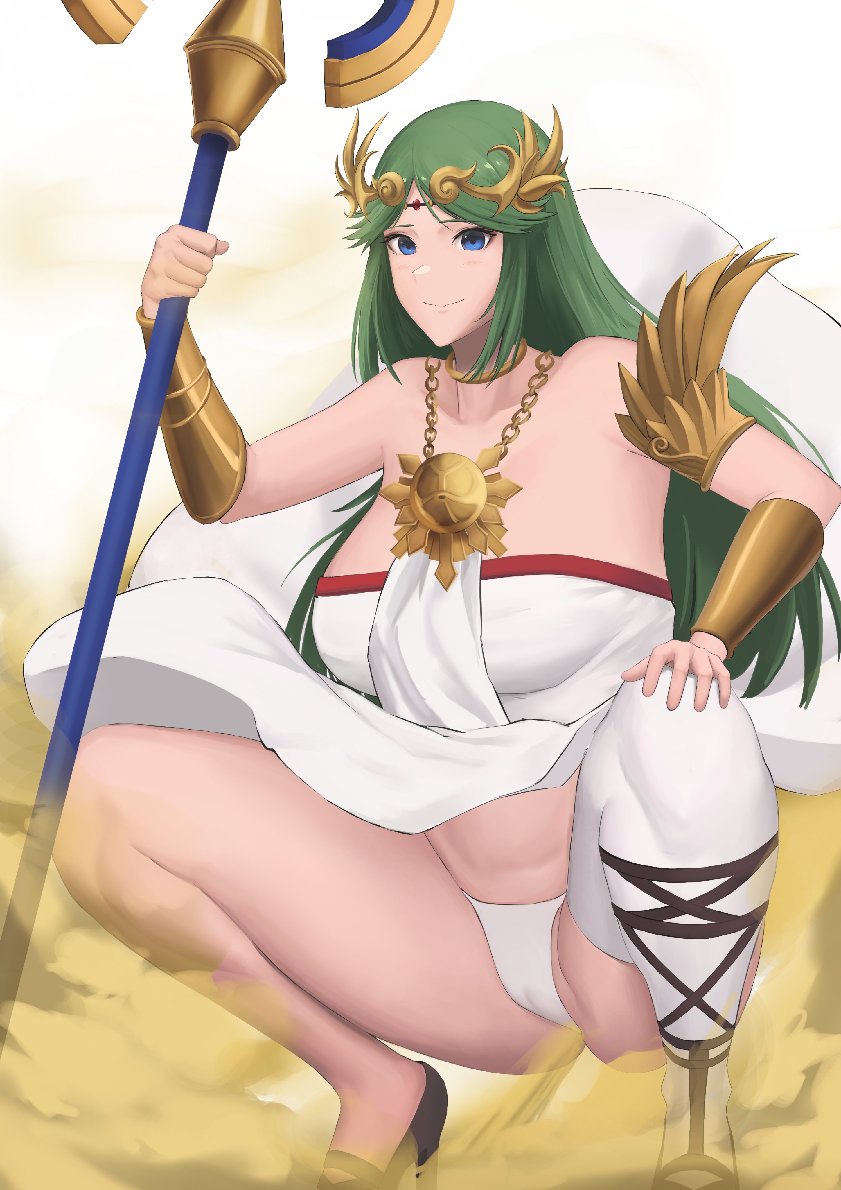 1girls, big breasts, breasts, fart, fart cloud, fart fetish, farting, female, green hair, kid icarus, misago (artist), palutena, panties