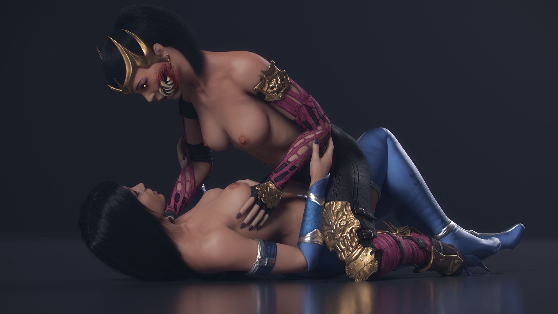 2girls, 3d, athletic, athletic female, black hair, breasts, clone, clonecest, closed eyes, crown, exposed breasts, female, female only, grabbing breasts, half-dressed, hd, heel boots, interspecies, kitana, kiteena, mileena, monster girl, mortal kombat, mortal kombat x, ninja, nocskylark, pinned down, ponytail, riding, stockings, suggestive, yuri