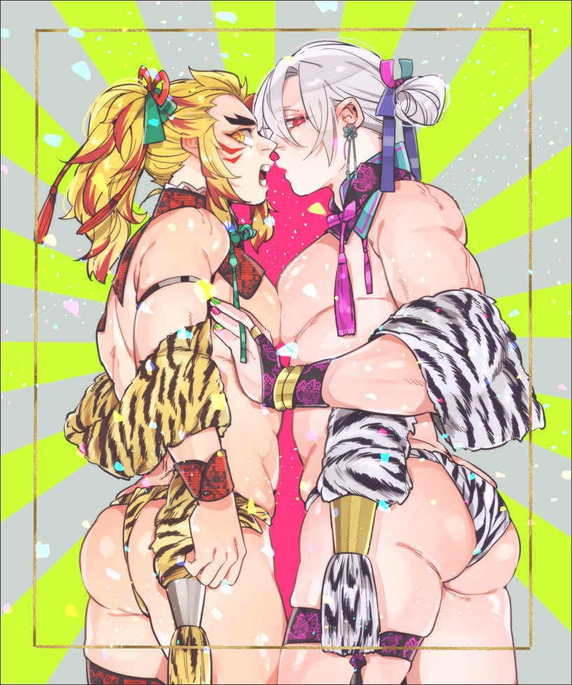 2boys alternate_costume ambush_(trap) armband armlet big_ass blonde_hair bracelet bubble_butt cowboy_shot demon_slayer detached_collar facial_markings fingerless_gloves fundoshi fur_scarf gay hair_bun hair_ribbon jewelry kimetsu_no_yaiba kyu_717 looking_at_viewer looking_back male male_only muscular muscular_male nail_polish new_year ponytail red_eyes rengoku_kyoujurou scarf shiny_skin silver_hair thick_eyebrows thigh_strap thong tiger_print two_tone_hair uzui_tengen wedgie yaoi year_of_the_tiger yellow_eyes