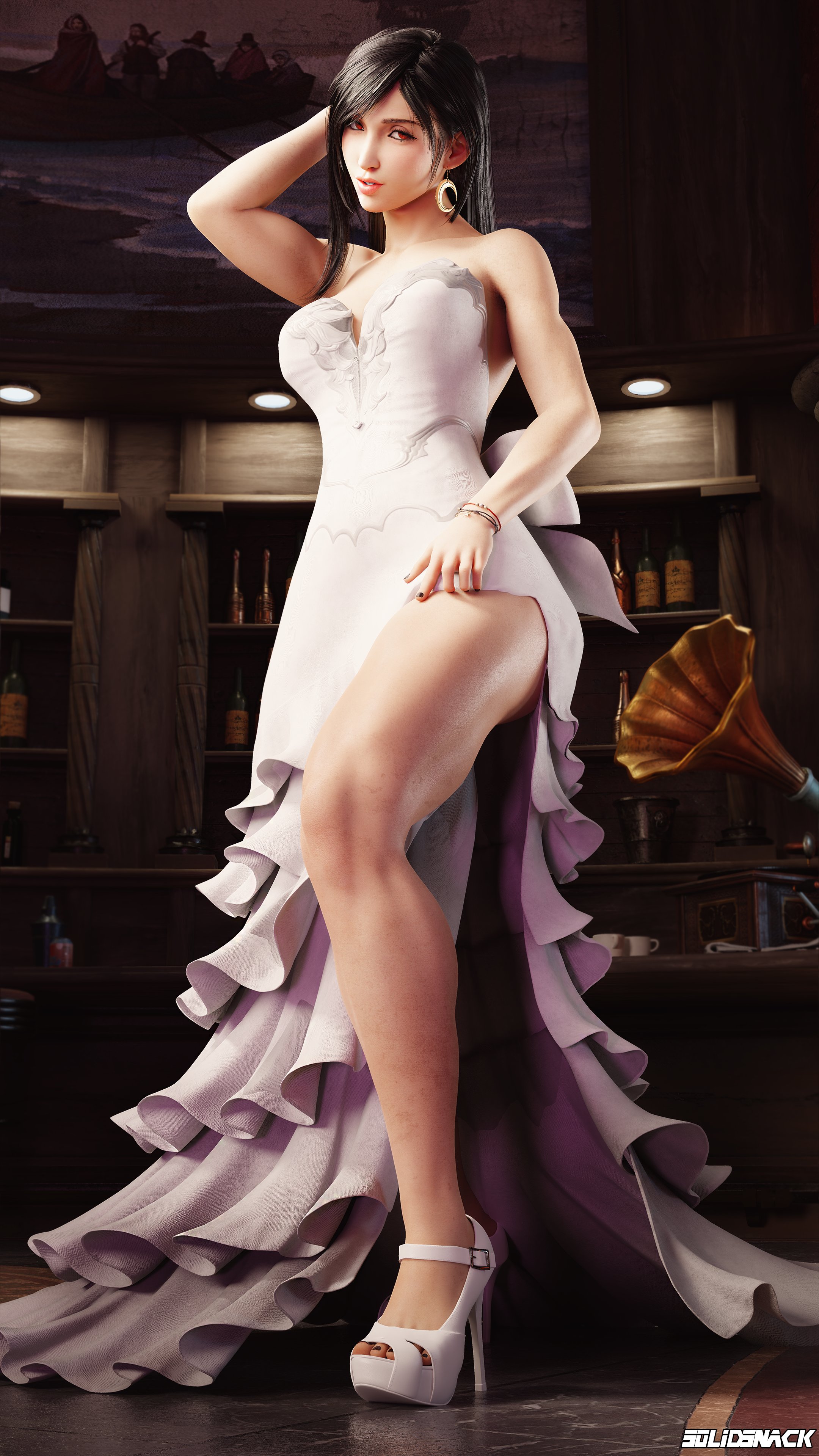 1girls, 3d, alternate costume, blender, dress, female, female only, final fantasy, final fantasy vii, final fantasy vii remake, legs, legs held open, light skin, light-skinned female, red eyes, solidsnack, thick thighs, tifa lockhart