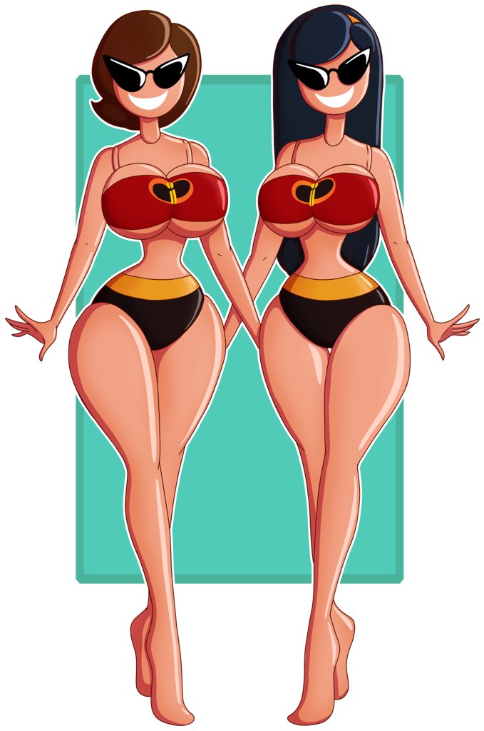 2girls ass disney dollification female female_only green_background helen_parr huge_ass knick_knack large_ass large_breasts multiple_girls permanent_smile pixar smooth_skin sunglasses sunnification the_incredibles thick_thighs tinted_eyewear transformation violet_parr white_background wide_hips wrenzephyr2