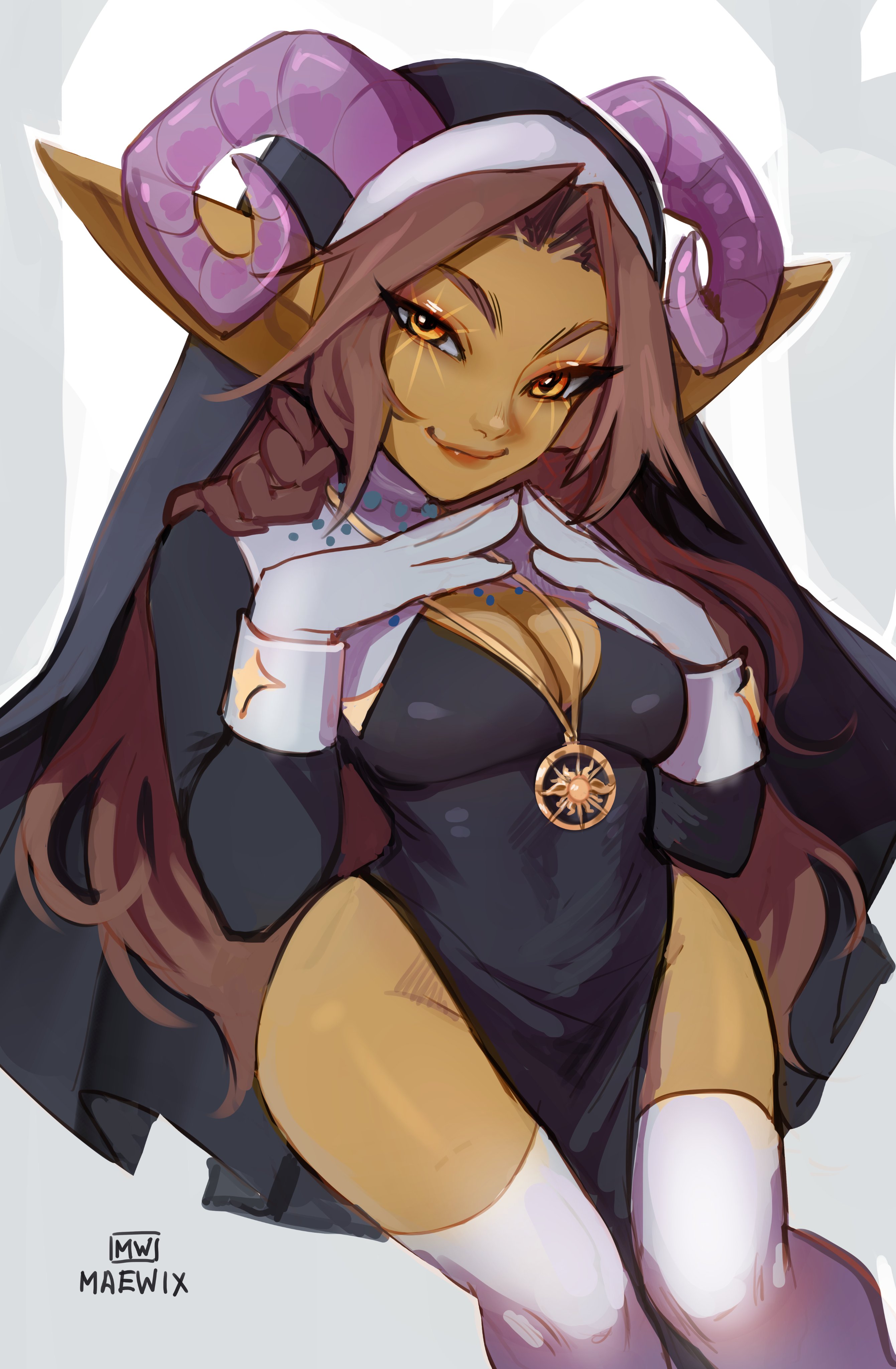 1girls, absurd res, amber eyes, artist name, artist signature, brown hair, female, female only, goblin, goblin female, gobtober, gobtober 2023, green skin, horns, long hair, looking at viewer, maewix1, nun, nun's habit, pointy ears, smiling, smiling at viewer, solo, thighhighs, white thighhighs
