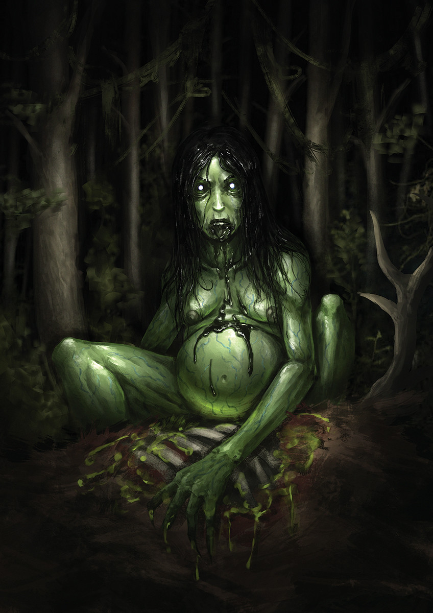 belly big_belly black_hair bloated_belly breasts female gore green_skin horror monster_girl nipples nude scp-811 scp_foundation