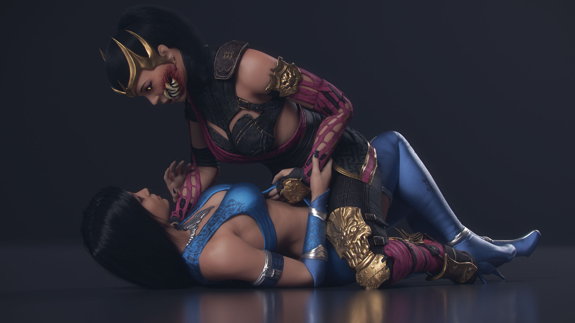 2girls, 3d, athletic, athletic female, black hair, breasts, clone, clonecest, closed eyes, clothed, female, female only, hd, heel boots, interspecies, kitana, kiteena, mileena, monster girl, mortal kombat, mortal kombat x, ninja, nocskylark, pinned down, riding, stockings, suggestive, yuri