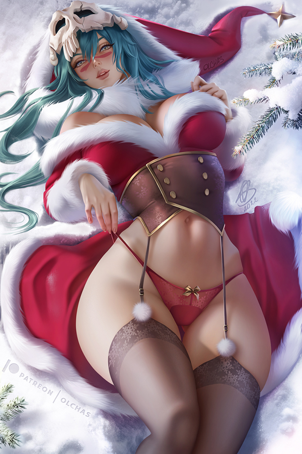 1girls, 2020s, 2022, artist signature, bleach, breasts, christmas, cleavage, clothed, clothed female, facial markings, female, female only, garter straps, green hair, hips, huge breasts, long hair, lying on back, nelliel tu odelschwanck, olchas, outdoors, panties, red panties, santa costume, santa hat, skindentation, slim waist, snow, thick thighs, thighhighs, thighs, wide hips