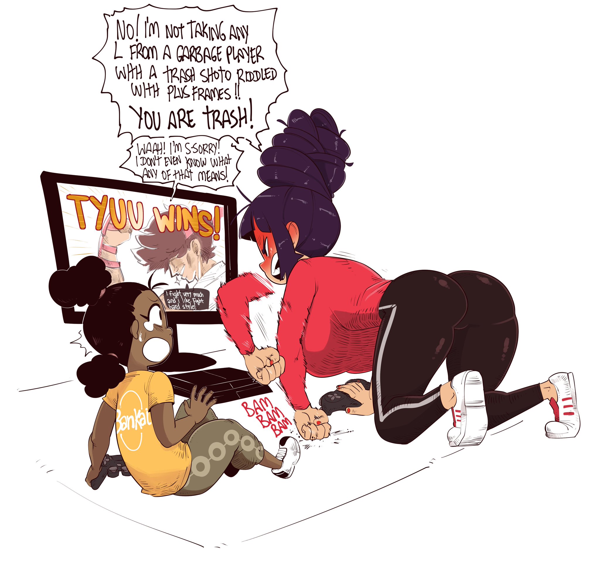 2019, 2girls, afterimage, angry, angry face, ass, beehive hairdo, big ass, big breasts, breasts, command grab, dialogue, english text, female, large breasts, light skin, light-skinned female, male, nuclearwasabi, playstation, playstation controller, purple hair, red face, tagme, text, tied hair, video games