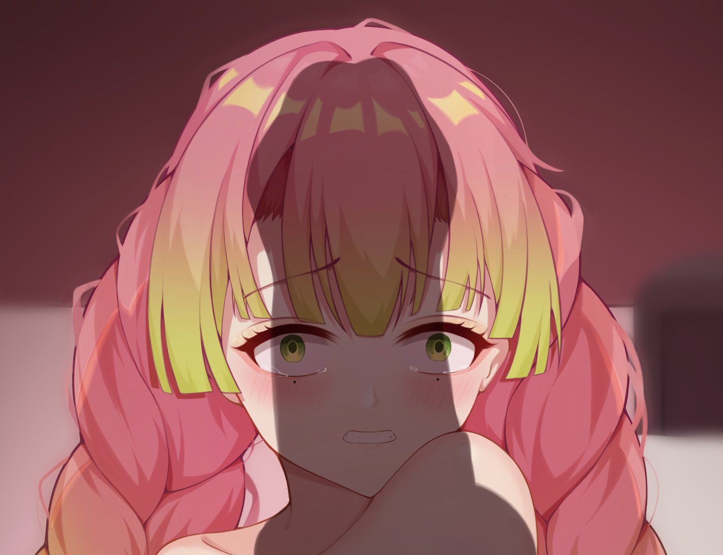 1boy, 1girls, bangs, blush, braided hair, clenched teeth, dark skin, dark-skinned male, demon slayer, female, female focus, green eyes, imminent oral, kanroji mitsuri, kimetsu no yaiba, male, nervous, offscreen character, offscreen male, pink hair, pink-haired female, questionable consent, scared, shadow, tears, upper body, woaishixiang
