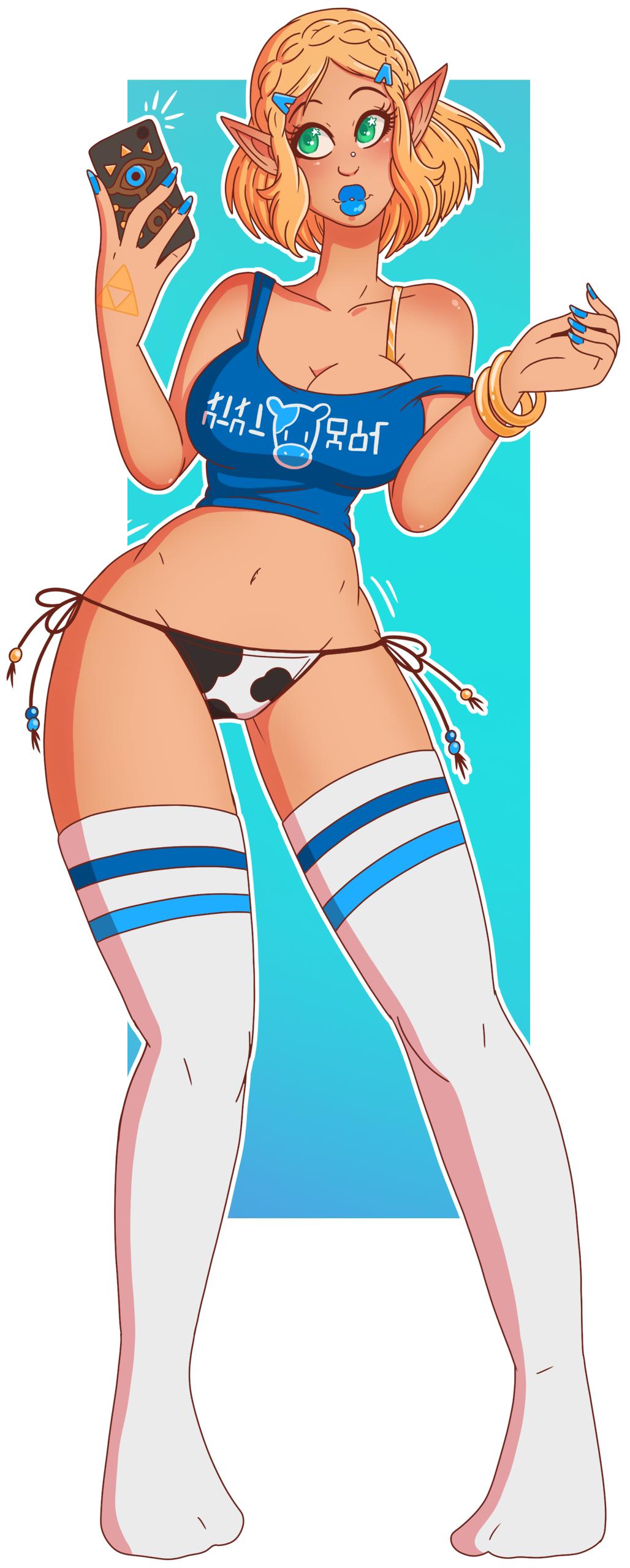 bimbo, blue lipstick, breasts, cow print, crop top, female, navel, panties, princess zelda, tears of the kingdom, the legend of zelda, thick lips, thick thighs, thighhighs, transformation, wide hips, wrenzephyr2, zelda (tears of the kingdom)