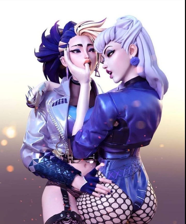 2girls, 3d, akali, ass, earrings, evelynn, female, female only, finger to mouth, jacket, k/da all out akali, k/da all out evelynn, k/da all out series, k/da series, league of legends, looking at another, tagme, thumb in mouth, two-tone hair, white hair, yuri