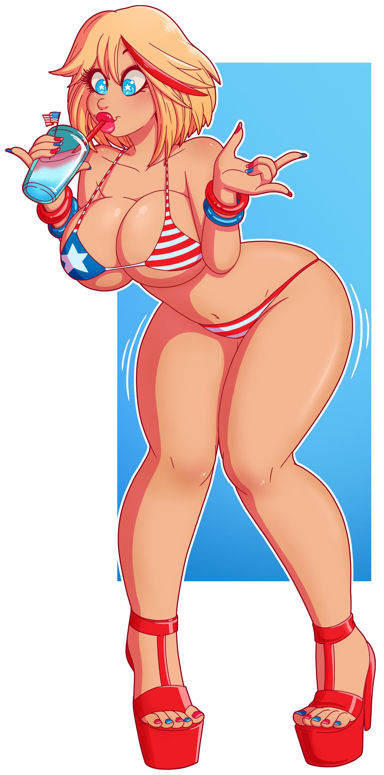 1girls, american flag, american flag bikini, ass, bikini, bimbo, bimbo ryuuko, blonde hair, breasts, drinking, female, hair color change, high heels, kill la kill, large ass, large breasts, matoi ryuuko, navel, race swap, star-shaped pupils, thick lips, thick thighs, wide hips, wrenzephyr2