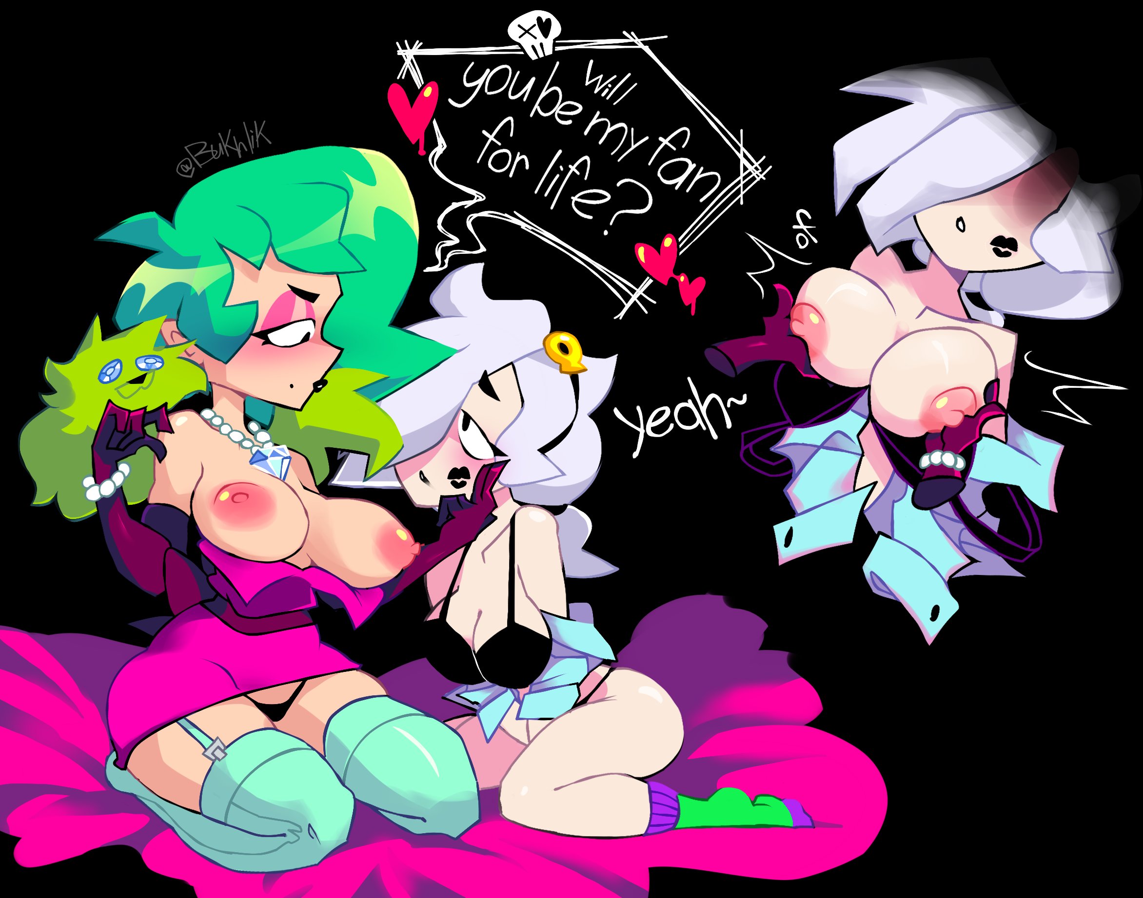 2girls, areolae, ass, black lipstick, brawl stars, breasts, breasts out, bukhlik, clothing, colette (brawl stars), dialogue, female, female only, green hair, hair over one eye, hand on cheek, heart, light skin, light-skinned female, lipstick, lipstick mark, lola (brawl stars), multiple females, multiple girls, necklace, nipples, on bed, on knees, pearl necklace, sitting, stockings, supercell, text, thighhighs, thong, touching breast, white hair, yuri