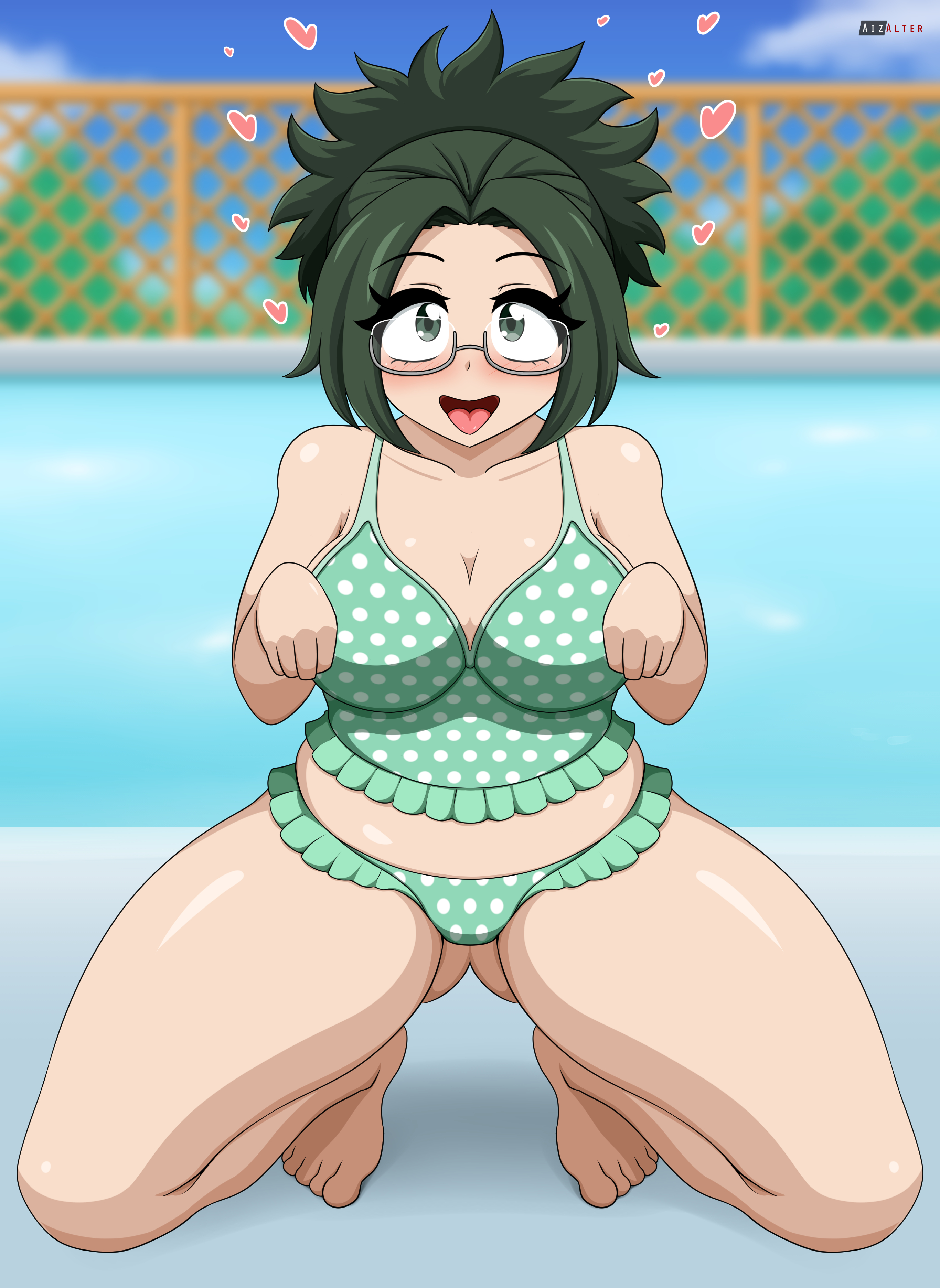 1girls, agari himiko, aizalter, begging pose, big breasts, big thighs, blush, breasts, busty, dog pose, female, female only, glasses, green hair, huge thighs, komi-san wa komyushou desu, large thighs, massive thighs, solo, solo female, swimming pool, swimsuit, thick thighs, thighs, tongue, tongue out