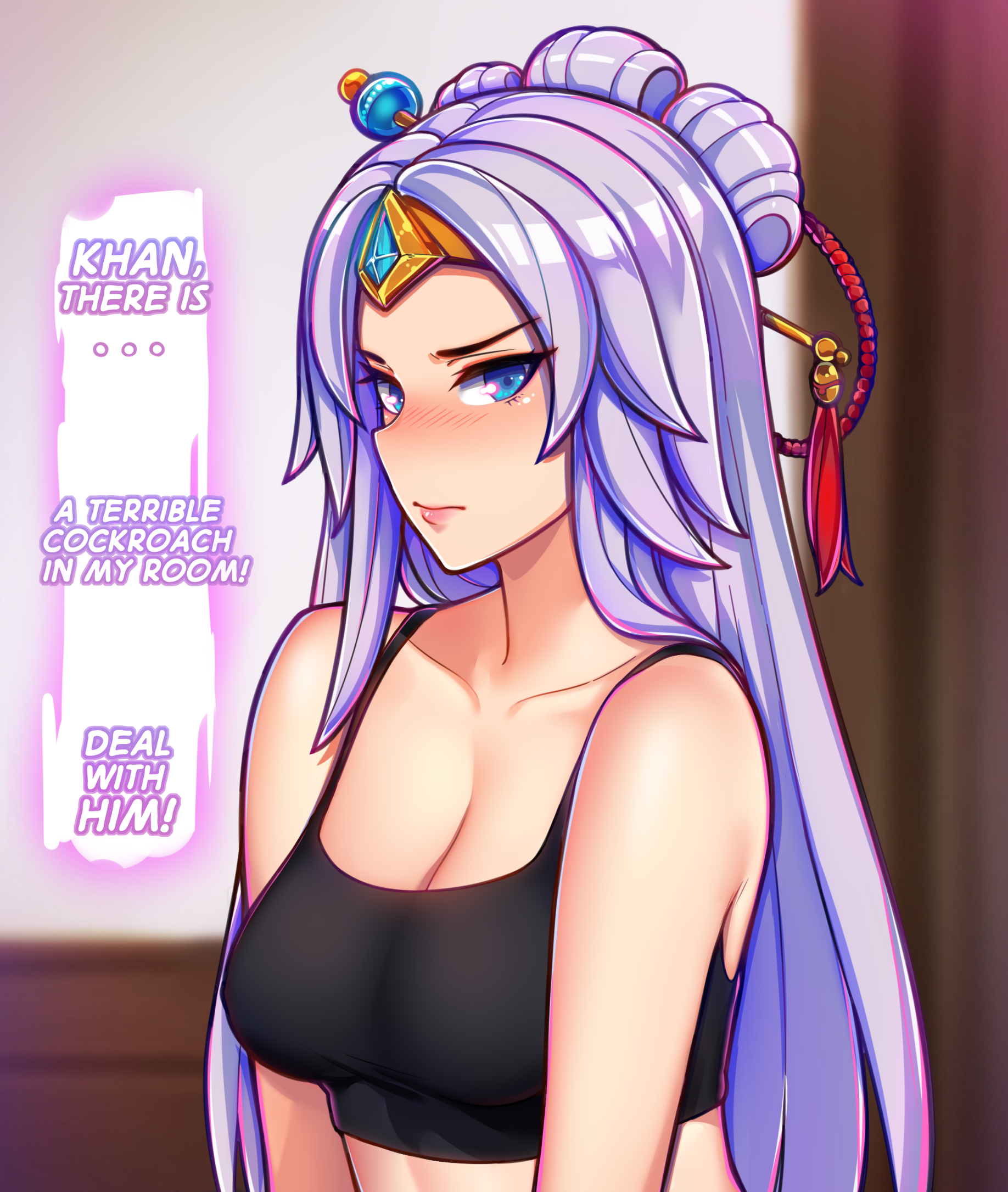 1girls, 2d, blue eyes, breasts, dialogue, english text, female, female only, flustered, hair ornament, ikkimay, lian (paladins), light skin, light-skinned female, long hair, looking at viewer, paladins, solo, solo female, sports bra, tagme, text