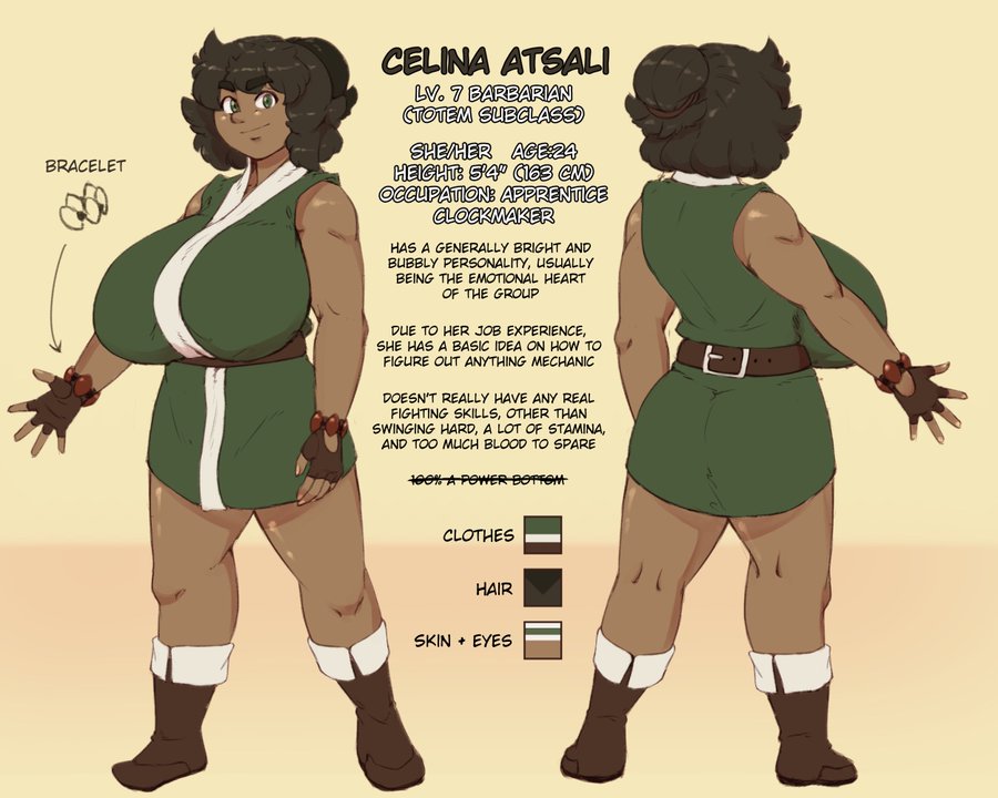 1girls, 2021, barbarian, belt, belt buckle, big breasts, boots, bottomwear, bracelet, breasts, brown eyes, brown hair, brown skin, celina (sosoni), character profile, character sheet, clothed, clothing, cute, dark skin, dark-skinned female, dungeons and dragons, english text, female, female focus, female only, front view, fully clothed, gloves, green topwear, hair, hair bun, huge breasts, large breasts, looking at viewer, rear view, reference image, reference sheet, short hair, smile, solo, solo female, solo focus, sosoni, text, top heavy, topwear