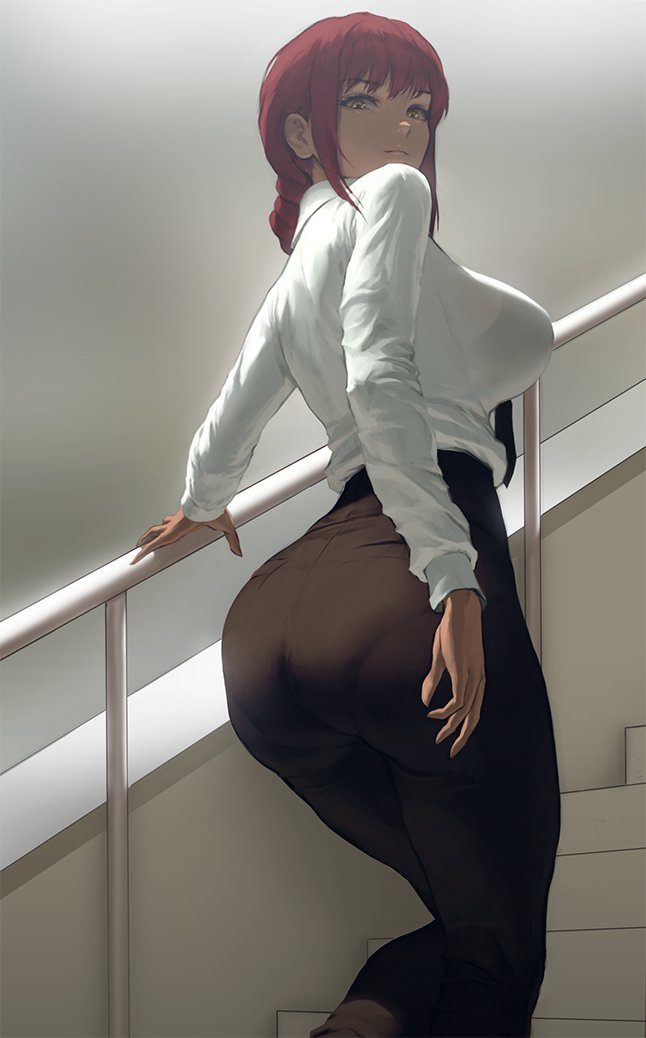 ass ass_focus black_tie braided_hair button_down_shirt chainsaw_man curvy infi_mt makima_(chainsaw_man) mature_female mature_woman office_clothing red_hair shirt_tucked_in thick_ass thick_thighs tie tight_clothing tucked_shirt white_shirt wide_hips yellow_eyes