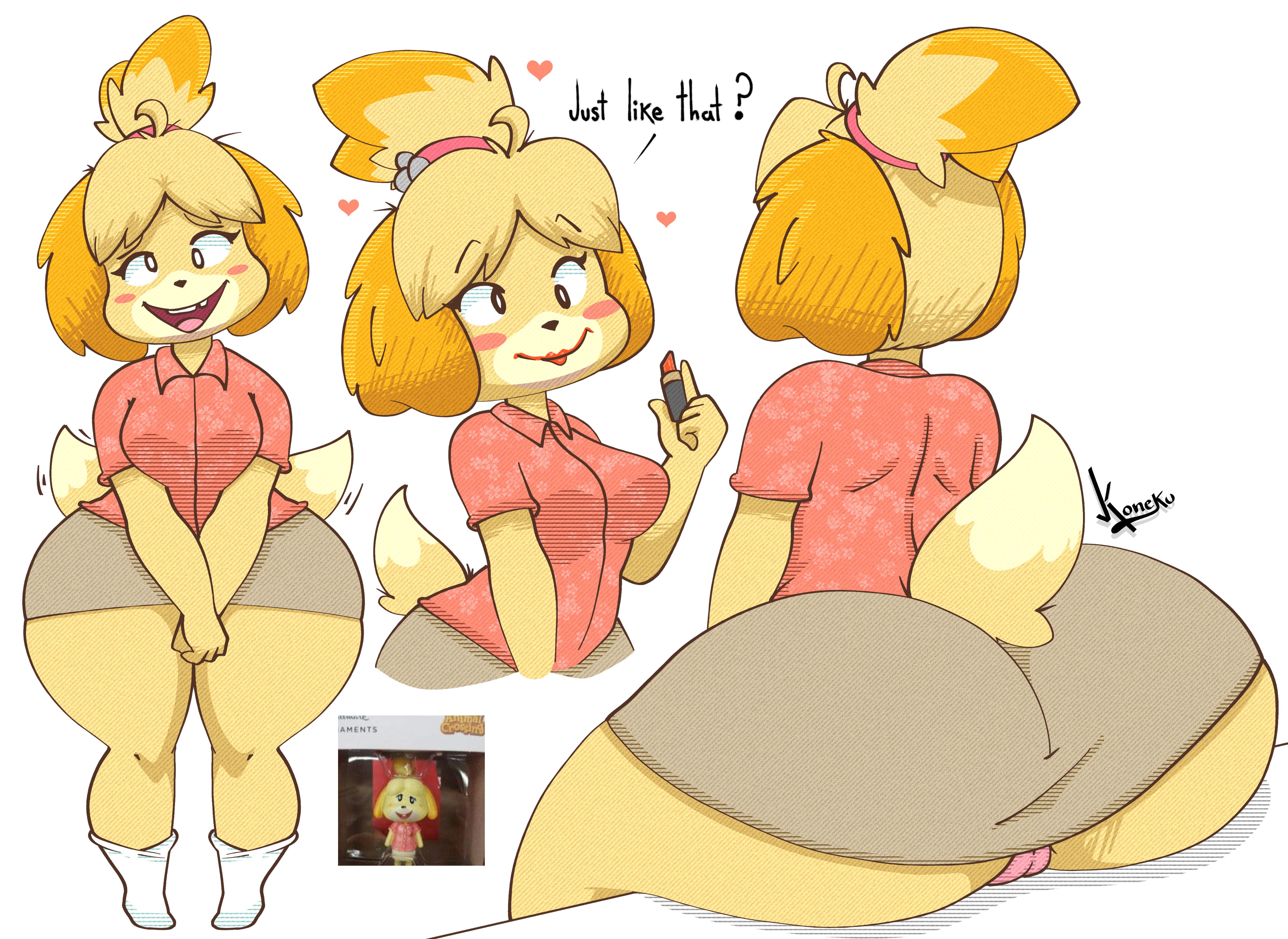 1girls, 2021, 5 fingers, animal crossing, animal crossing new horizons, anthro, ass, big ass, big breasts, black eyes, blush, blushing, breasts, canine, crossed eyes, cute, derpybelle, female, grey skirt, hawaiian shirt, heart, isabelle (animal crossing), jhenightfox, lipstick, looking at viewer, missing tooth, nintendo, panties, pantyshot, pink panties, red lipstick, skirt, socks, solo female, tagme, thick thighs, thunderthighs, underwear, wagging tail, white socks, yellow fur