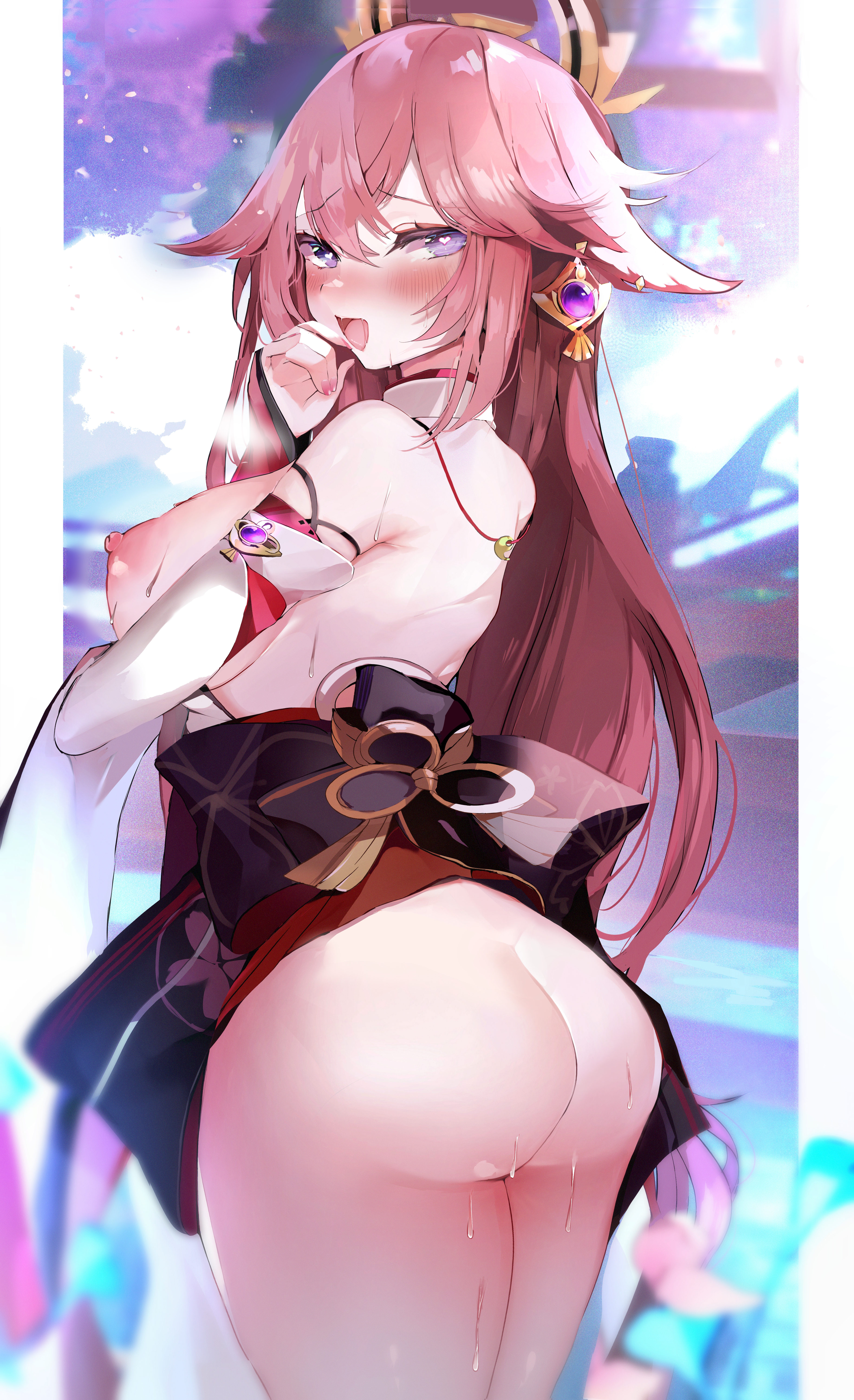 1girls, 2022, areolae, ass, ass focus, ass shot, back, back view, big ass, blush, bottomless, bottomless female, breasts, breasts out, bubble ass, bubble butt, erect nipples, female, female only, genshin impact, hair ornament, highres, large areolae, large ass, large breasts, long hair, looking at viewer, miko, naughty face, nipples, pink hair, purple eyes, shrine maiden, sideboob, smile, suggestive look, sukiyaki i, yae miko