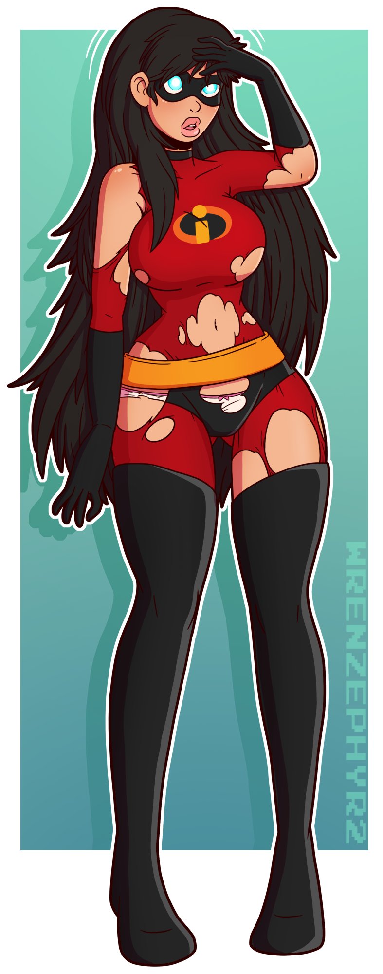 1girls, aged up, ass, bimbo, bimbofication, brainwashing, breasts, disney, female, female only, green background, growth, high heels, large ass, large breasts, mind control, navel, panties, pixar, ripped clothing, solo, straight hair, the incredibles, thick lips, thick thighs, transformation, violet parr, white background, white panties, wide hips, wrenzephyr2