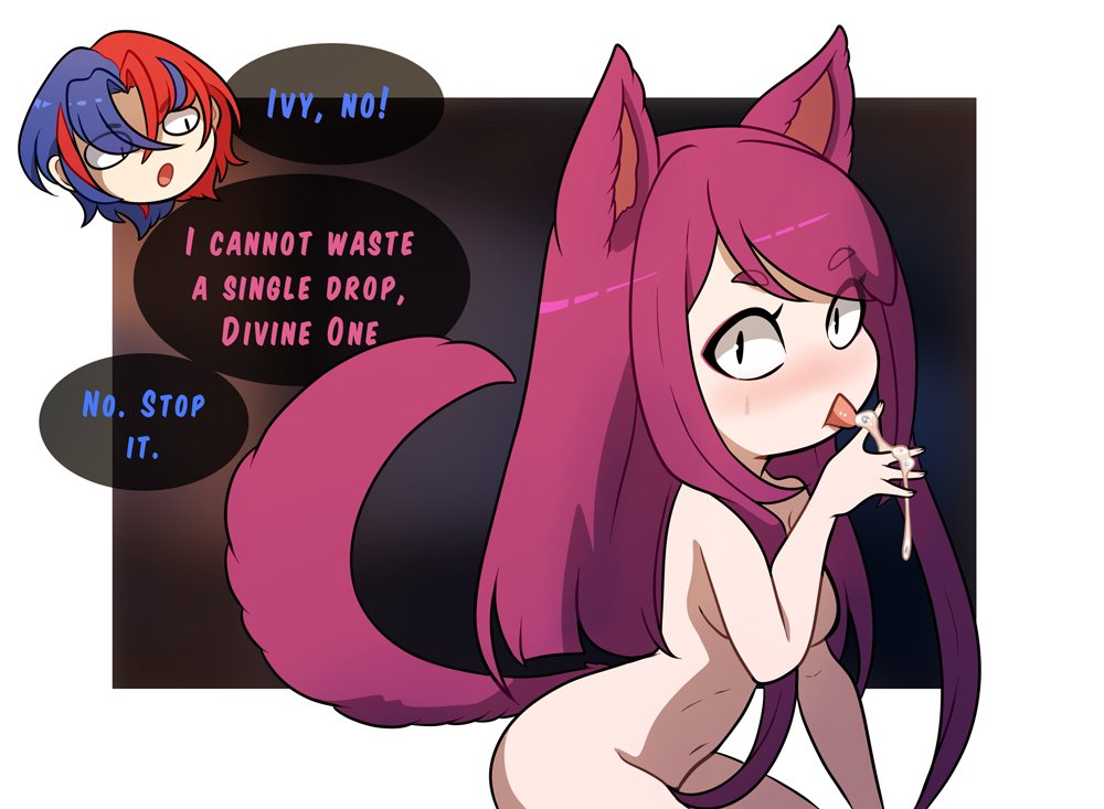 1boy, 1girls, alear (fire emblem), alear (fire emblem) (male), black eyes, blue hair, blush, cat ears, cat girl, cat tail, catgirl, cum, cum on hand, dialogue, english text, female, female focus, fire emblem, fire emblem engage, ivy (fire emblem), kinkymation, licking, licking cum, long hair, looking at viewer, male, nintendo, nude, nude female, purple hair, red hair, slit pupils, speech bubble, tail, text, two-tone hair